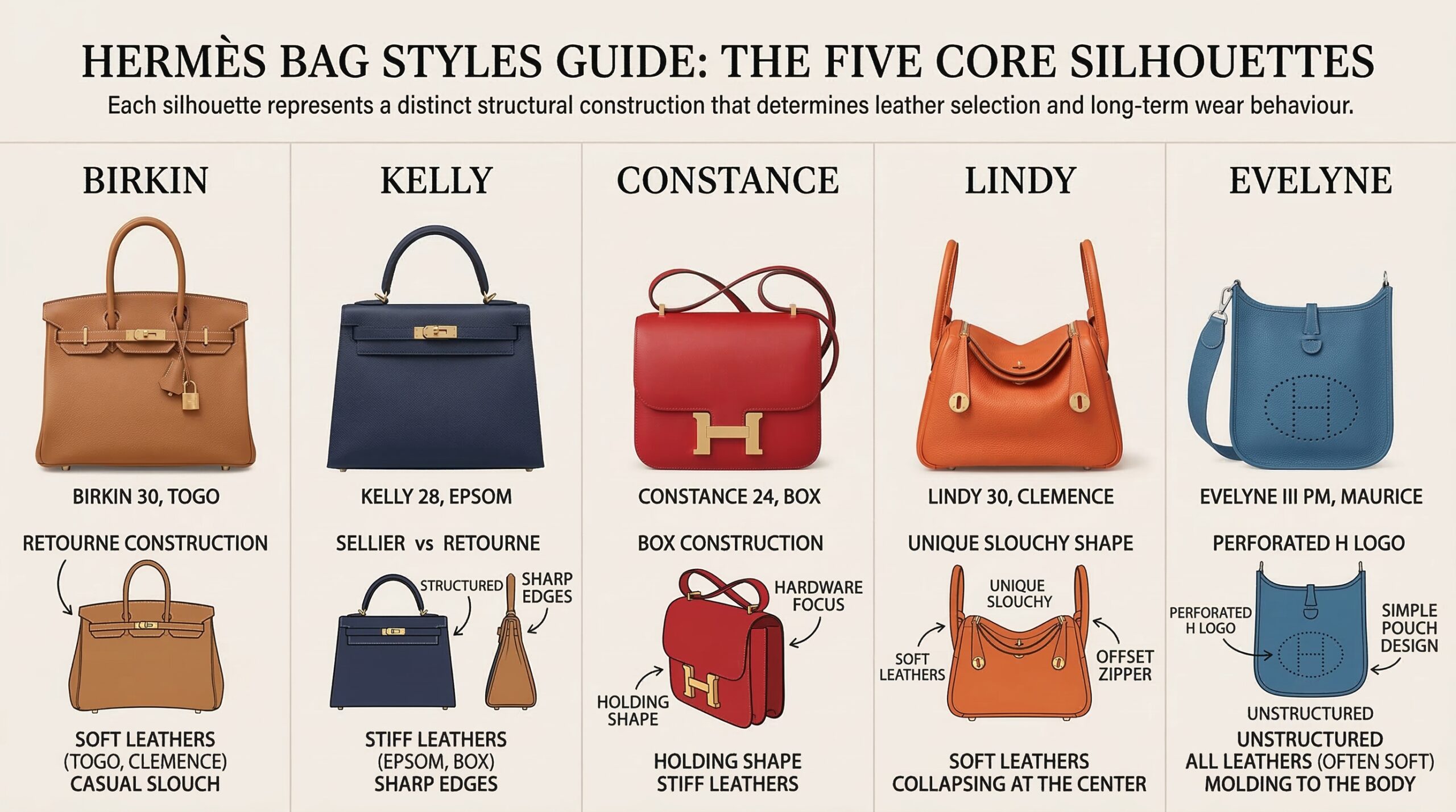 Hermès bag styles guide showing Birkin, Kelly, Constance, Lindy and Evelyne silhouettes side by side