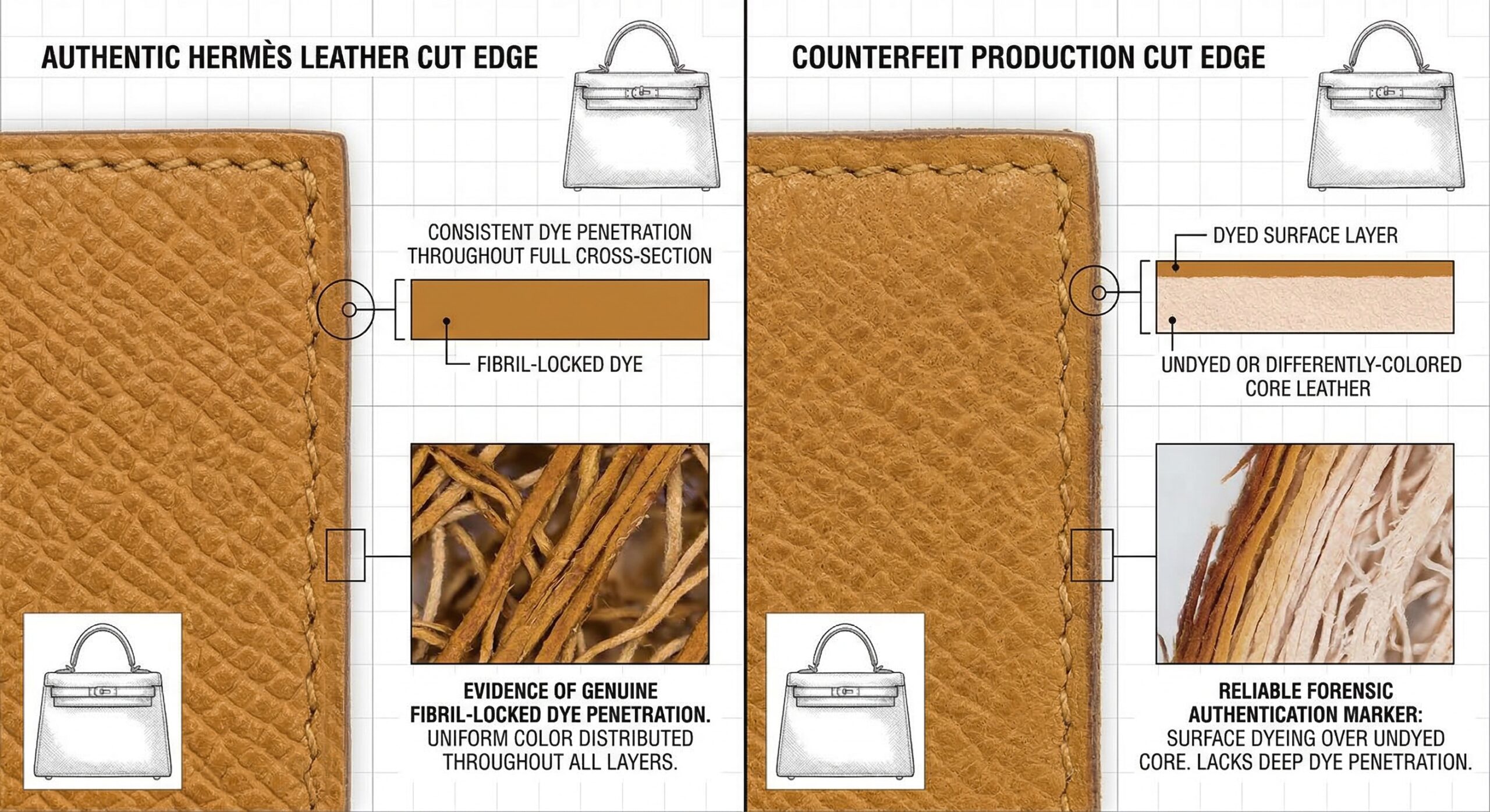 Authentic Hermès leather cut edge showing full-depth dye penetration versus counterfeit surface-only color coating