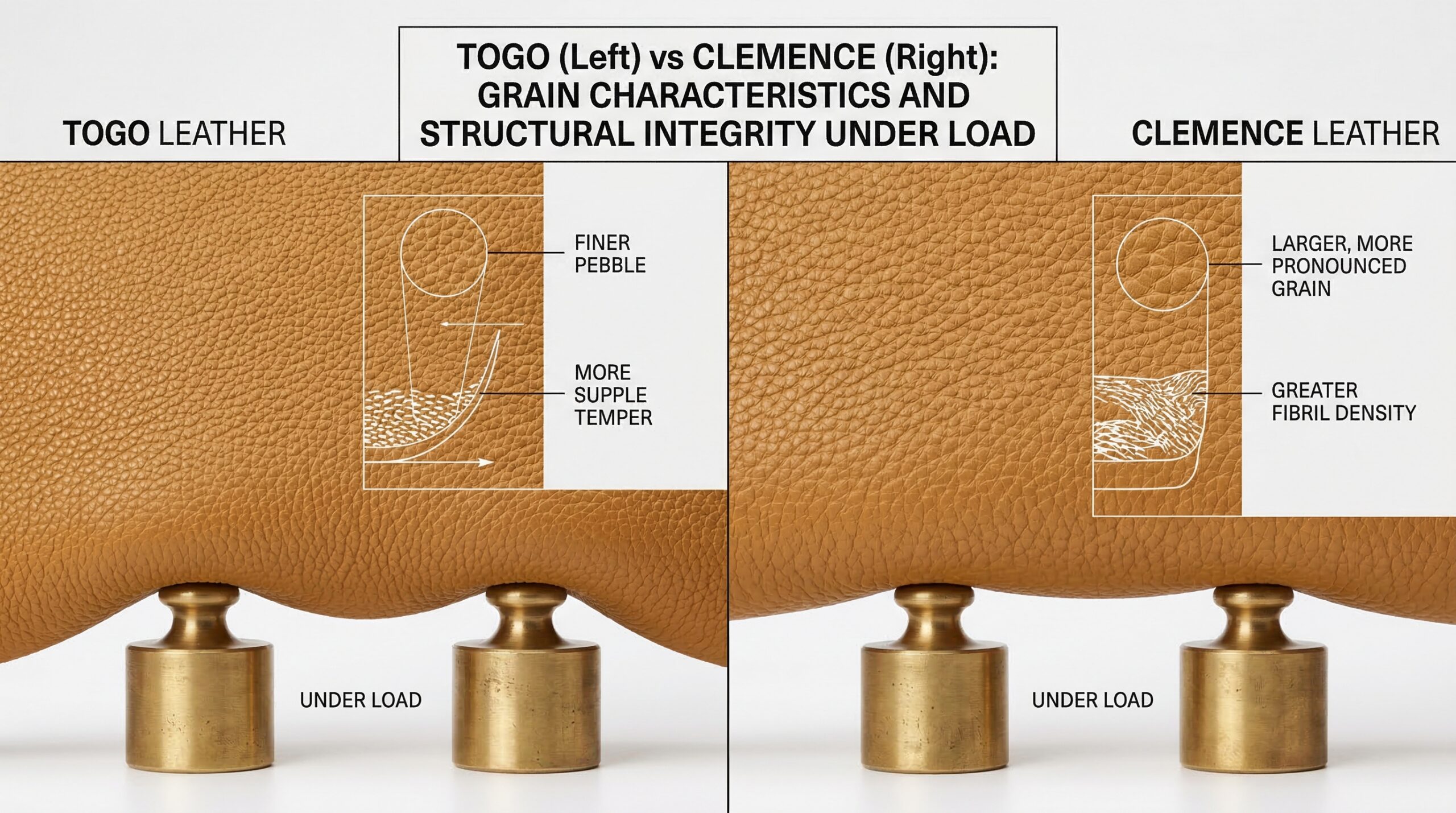 Hermès Togo versus Clemence leather close-up showing grain size, fibril density and pebble architecture differences