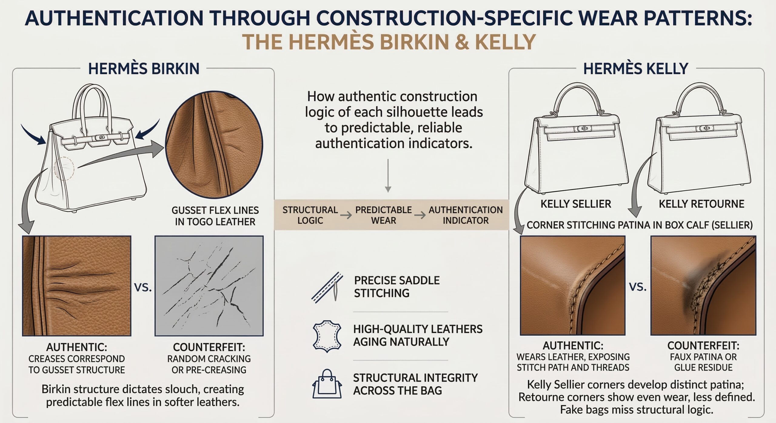 Hermès Birkin gusset compression lines and Kelly corner stitching patina demonstrating construction-specific leather wear