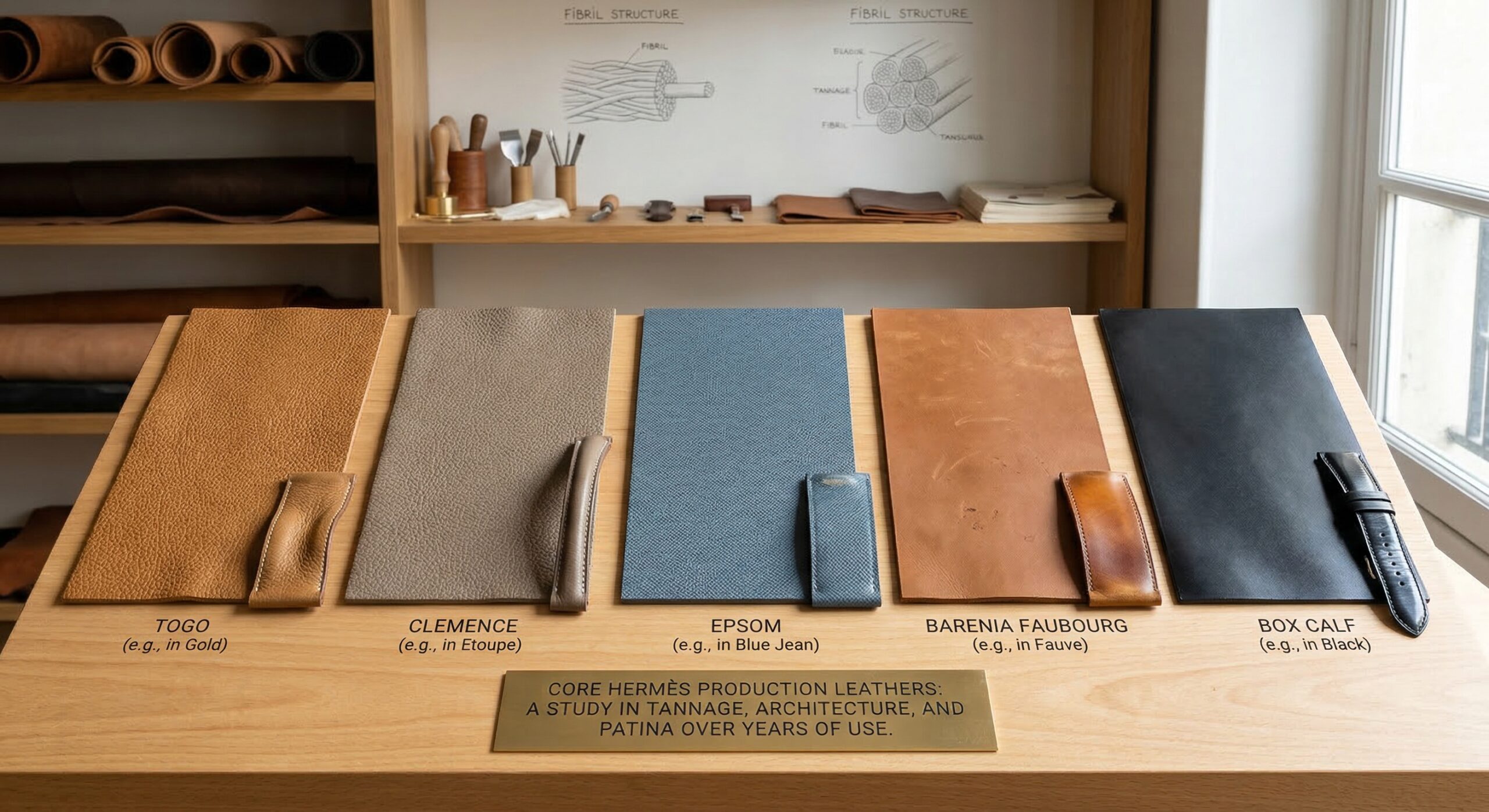 Hermès leather types comparison showing Togo, Clemence, Epsom, Barenia and Box Calf grain architecture and fibril structure