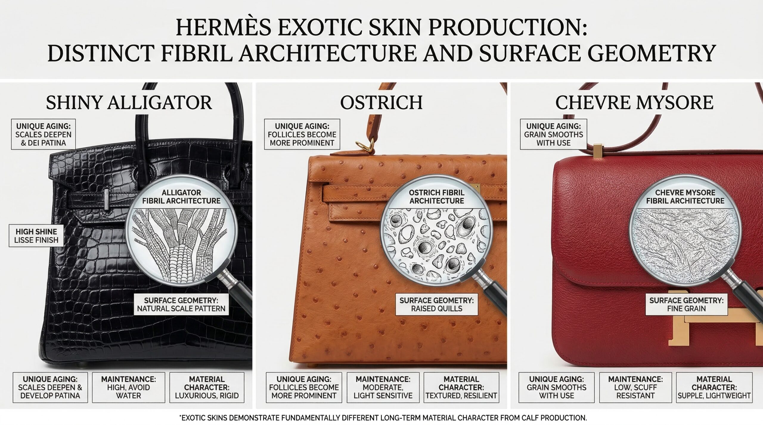 Hermès exotic leather types showing alligator scale structure, ostrich follicle nodes and Chevre Mysore fine grain