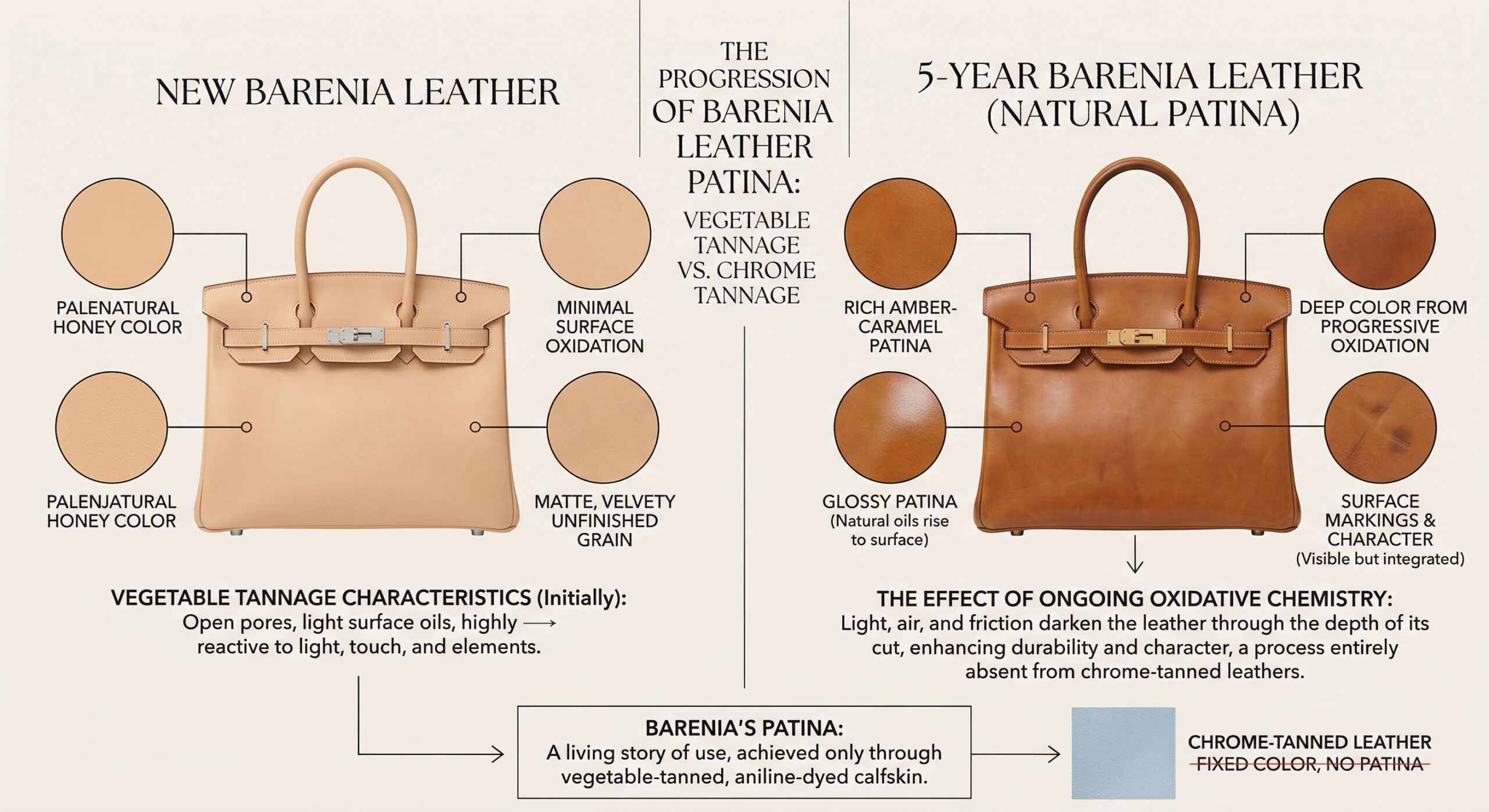 Hermès Barenia leather new versus aged patina comparison showing vegetable tannage color deepening over time