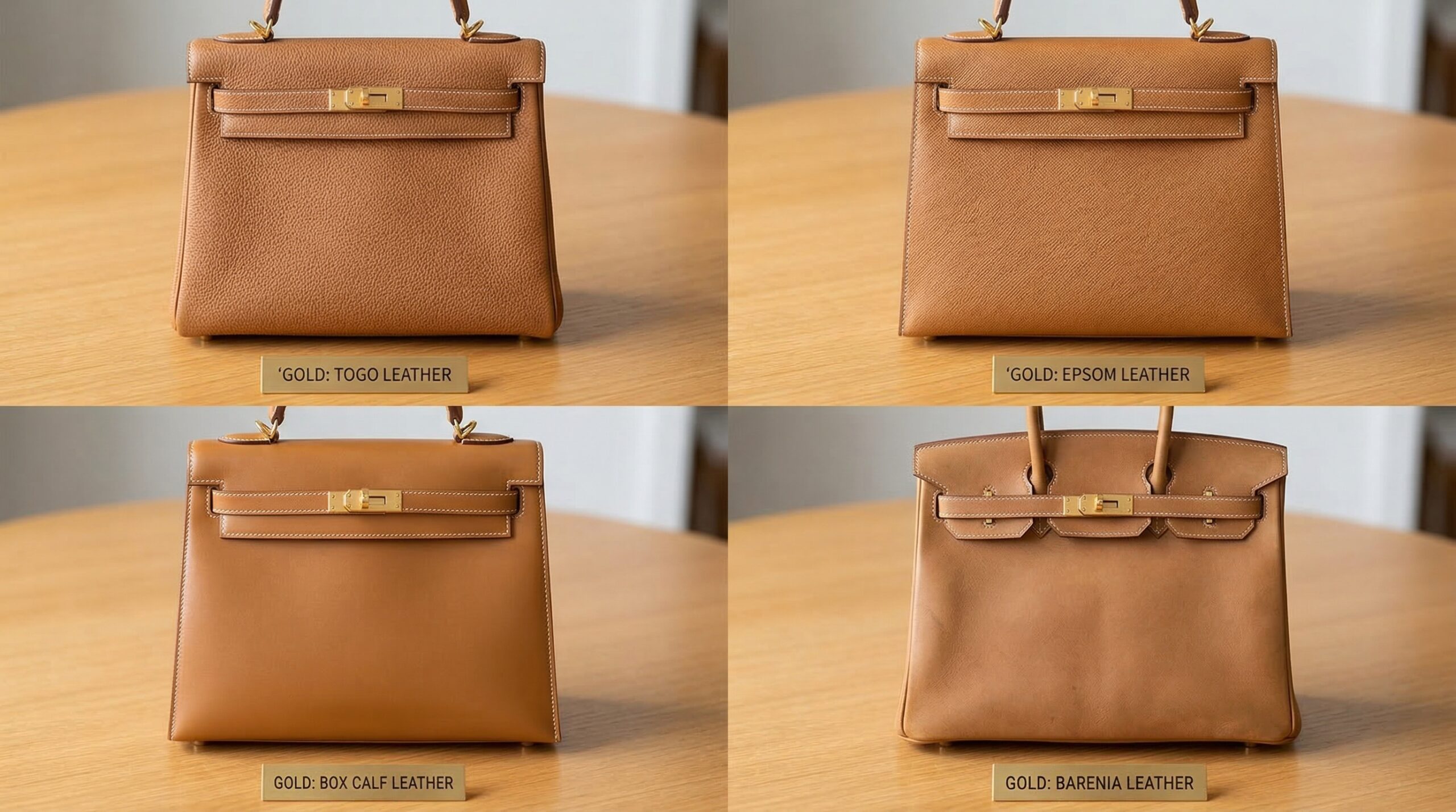 Hermès leather color comparison across Togo, Epsom, Box Calf and Barenia showing how grain architecture affects color depth and patina