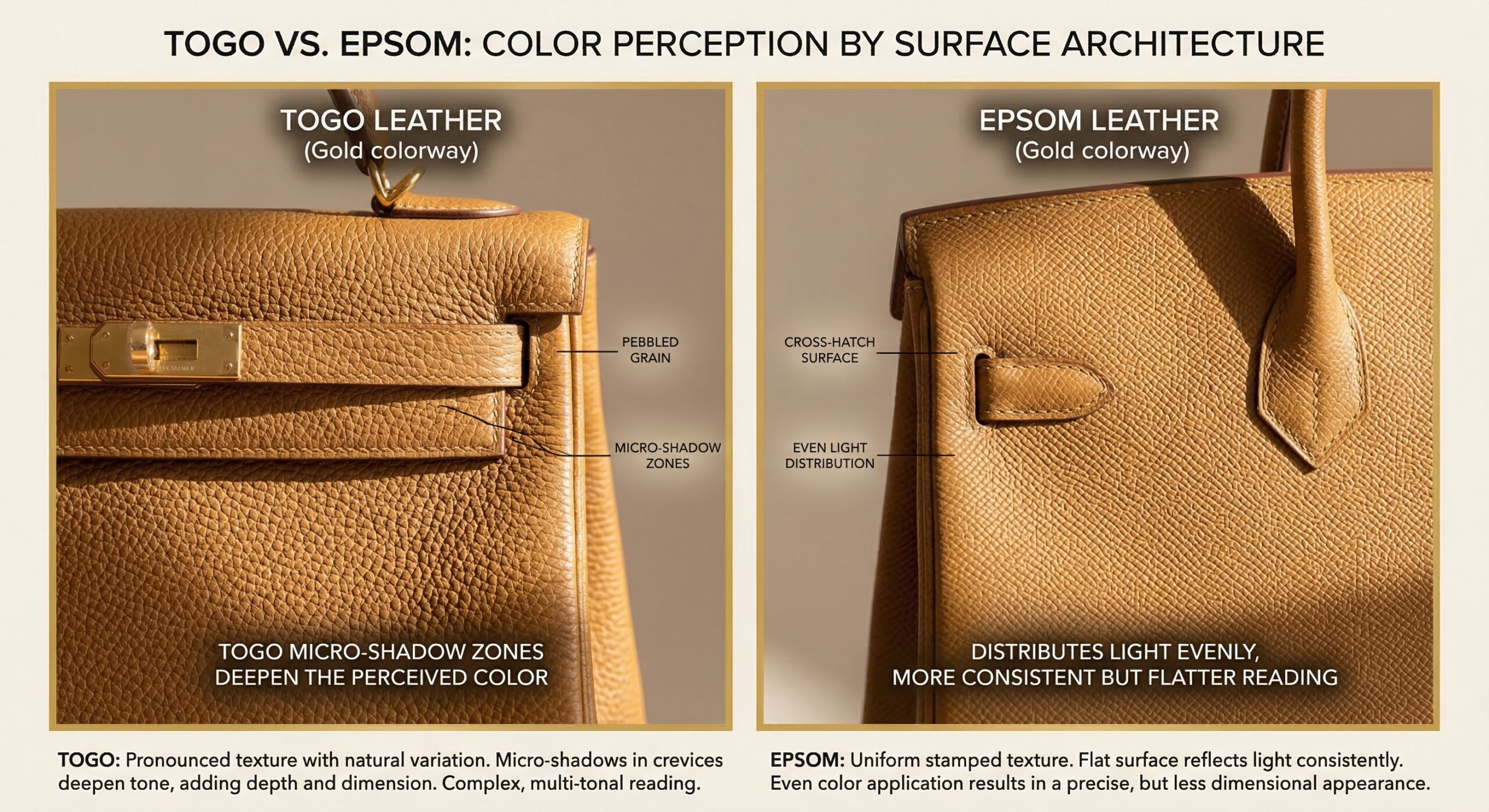 Hermès Togo versus Epsom leather in the same colorway showing how grain architecture produces different color readings under identical lighting