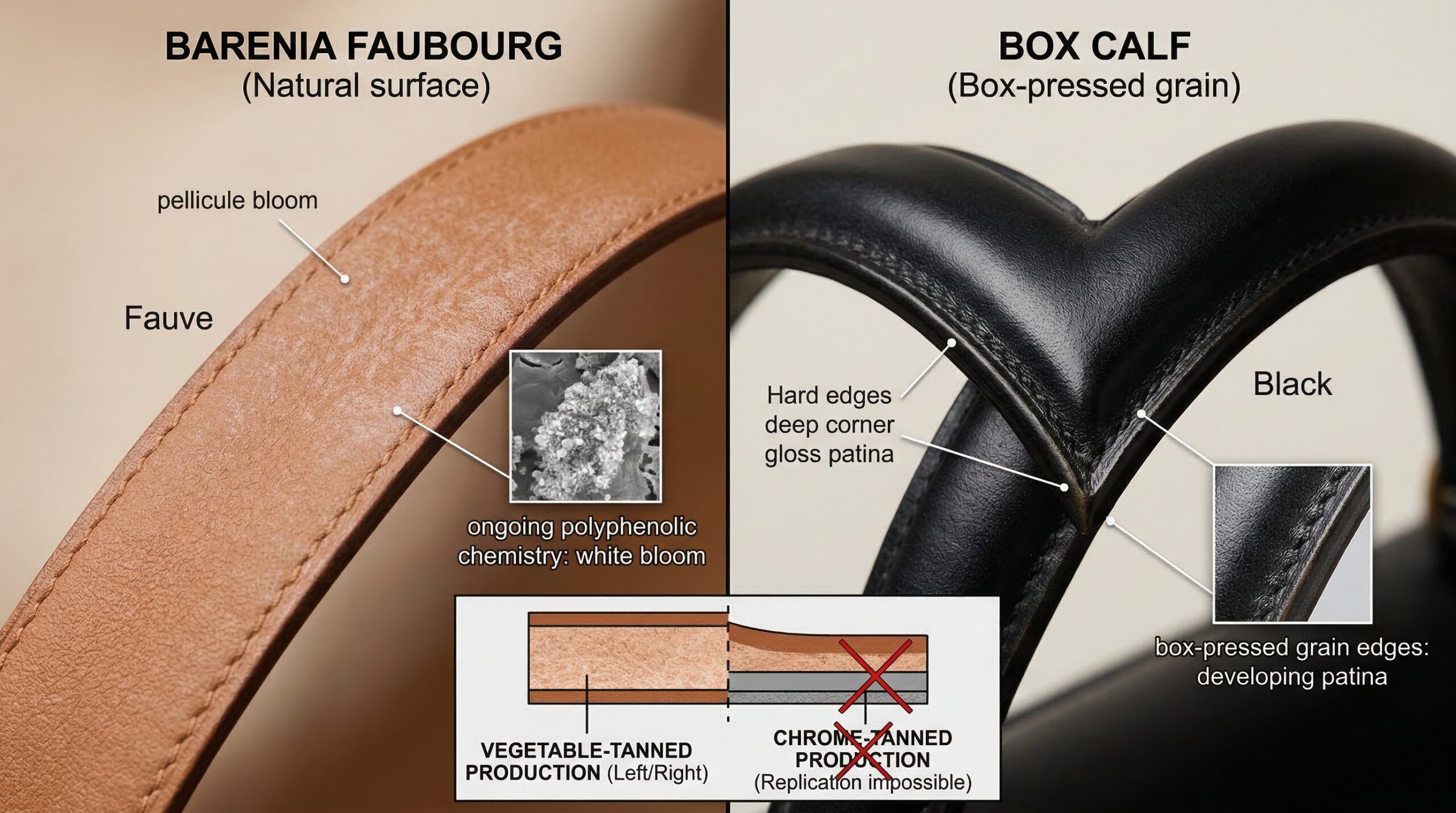 Hermès Barenia Faubourg and Box Calf leather showing vegetable tannage patina development and pellicule formation