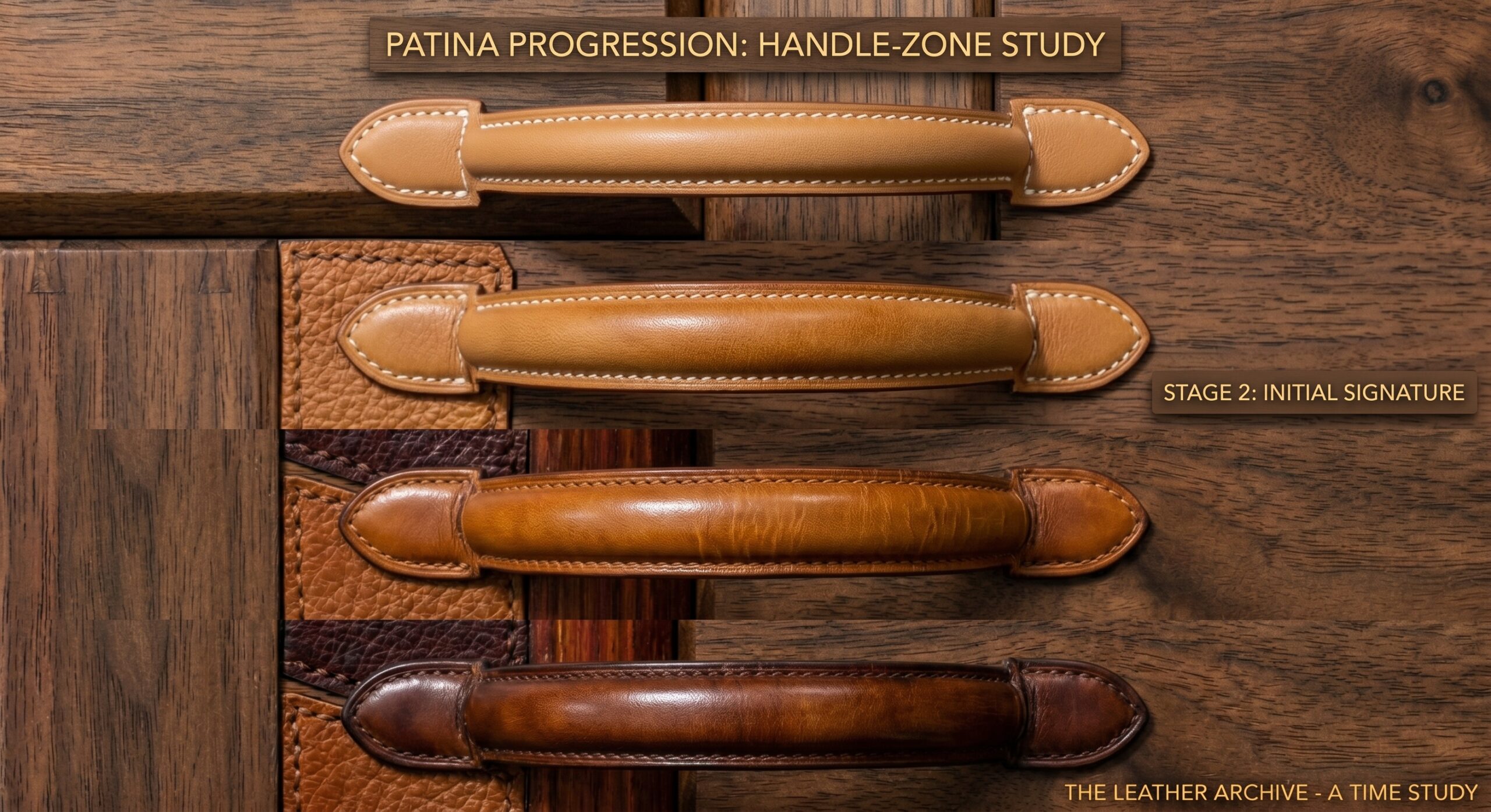 Togo leather handle zone patina darkening close-up detail
