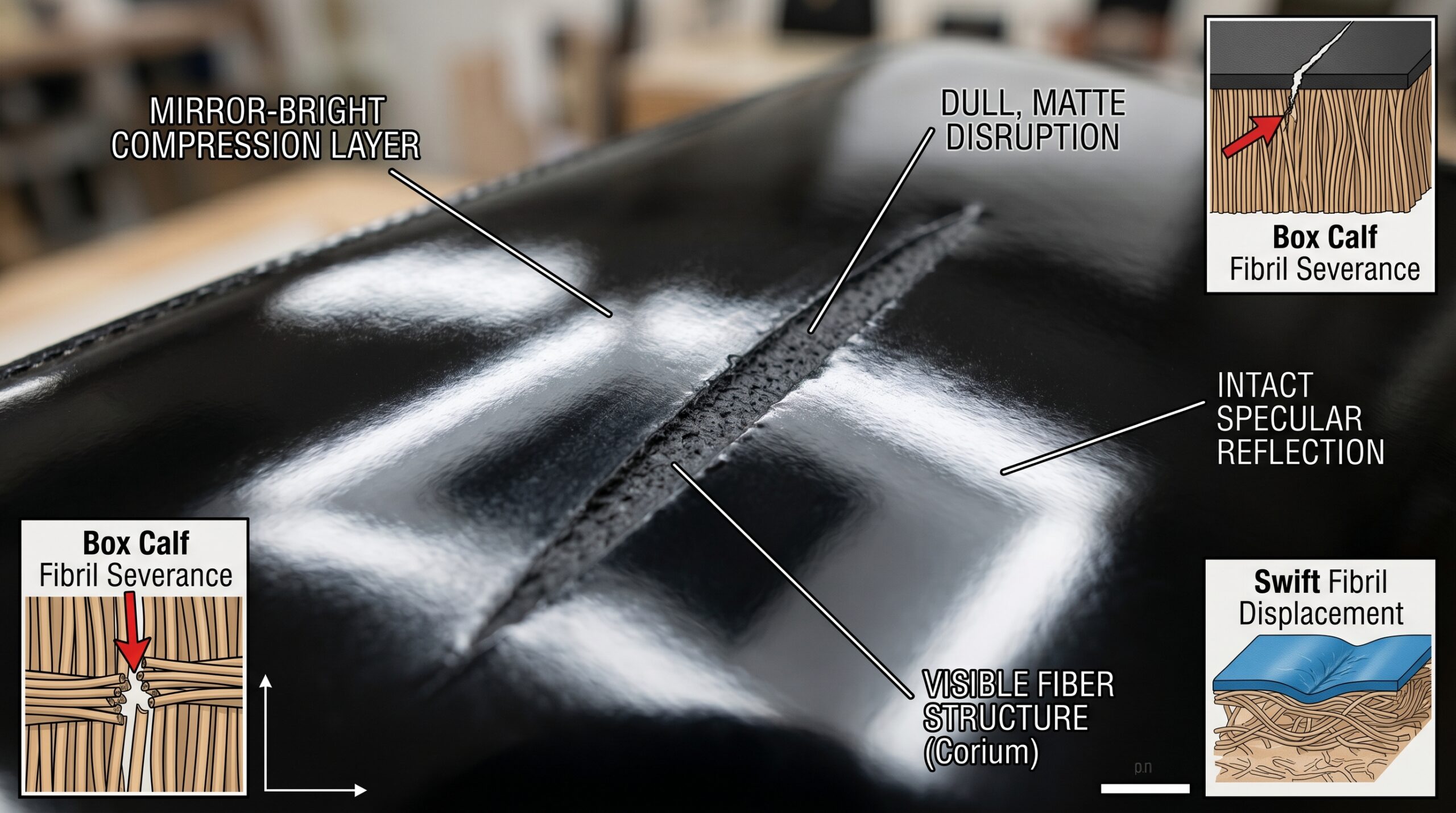 Box Calf leather high gloss surface scratch permanent displacement detail