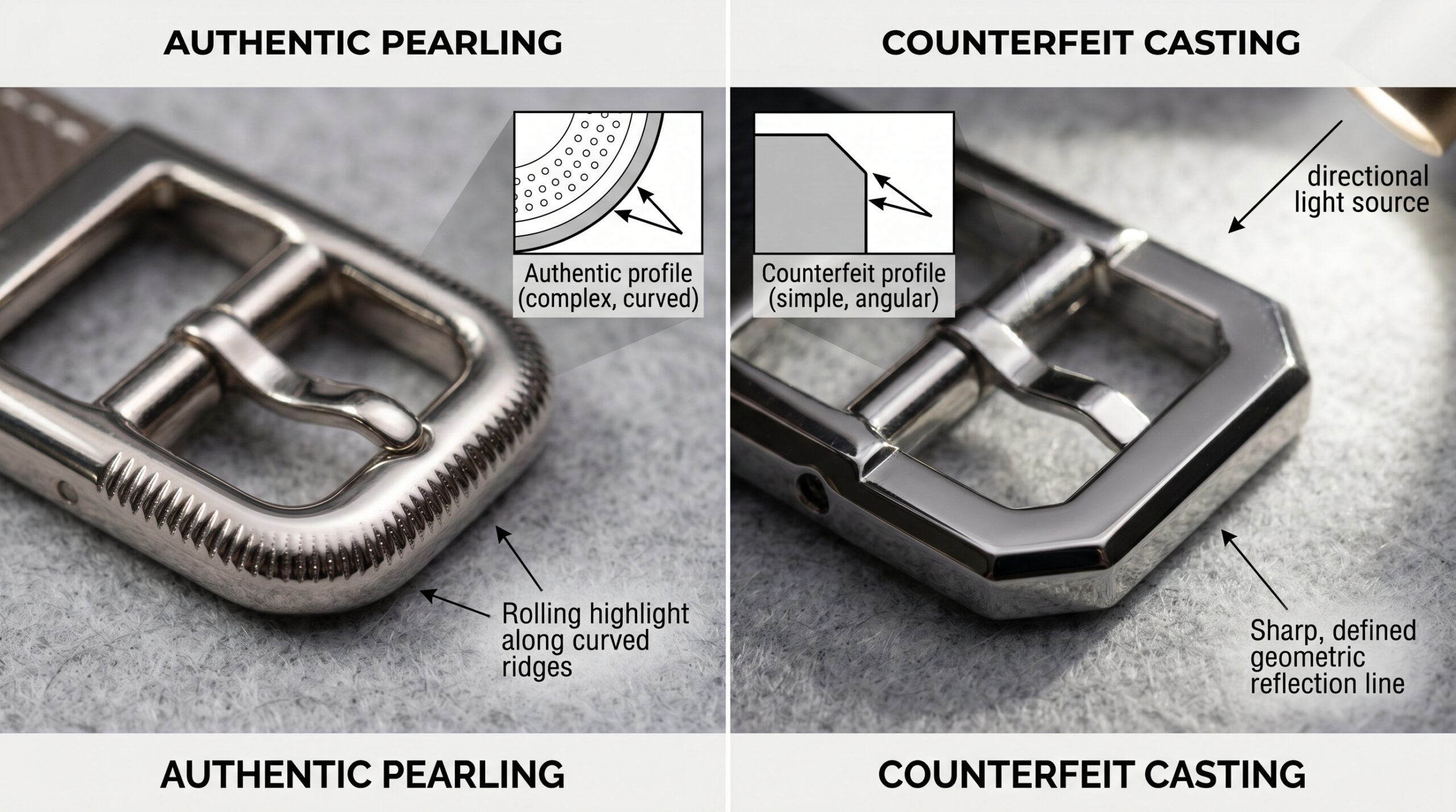 Counterfeit Hermes hardware casting sharp edge vs authentic pearling comparison