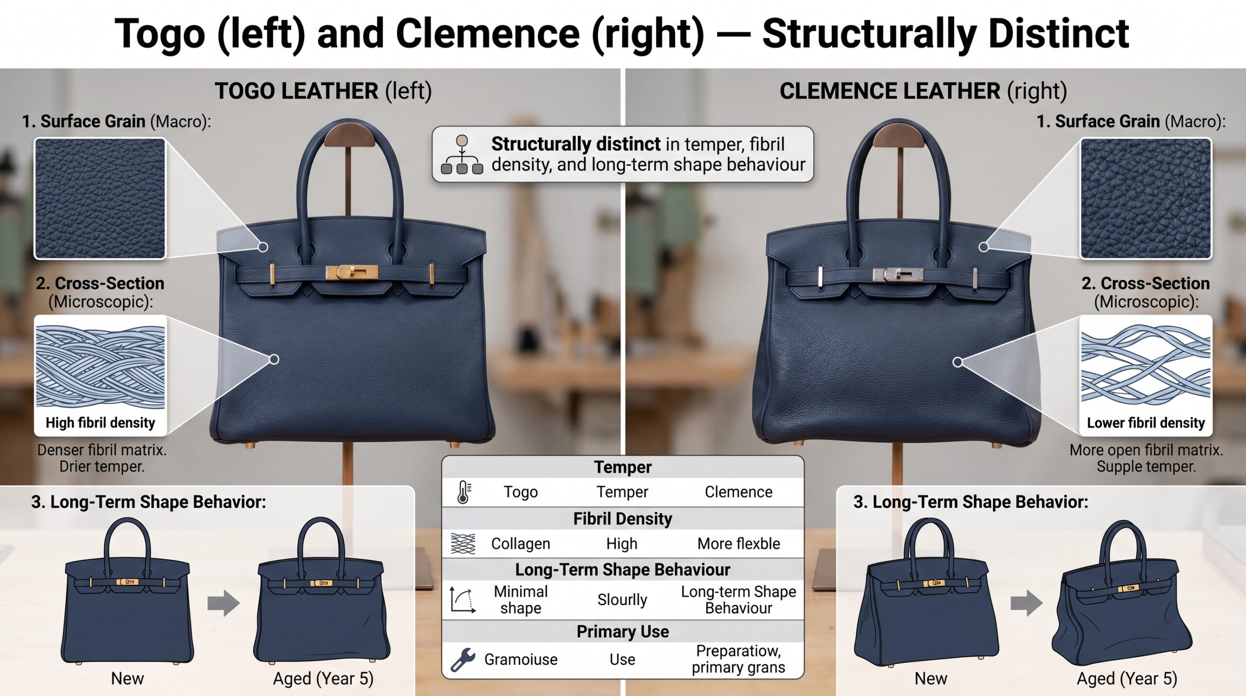 Hermes Togo vs Clemence leather slouch comparison side by side Birkin