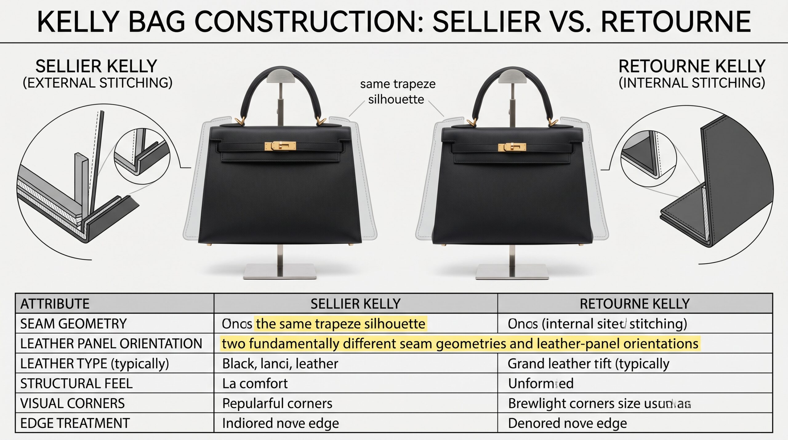Sellier vs Retourne Kelly construction comparison side by side leather behaviour