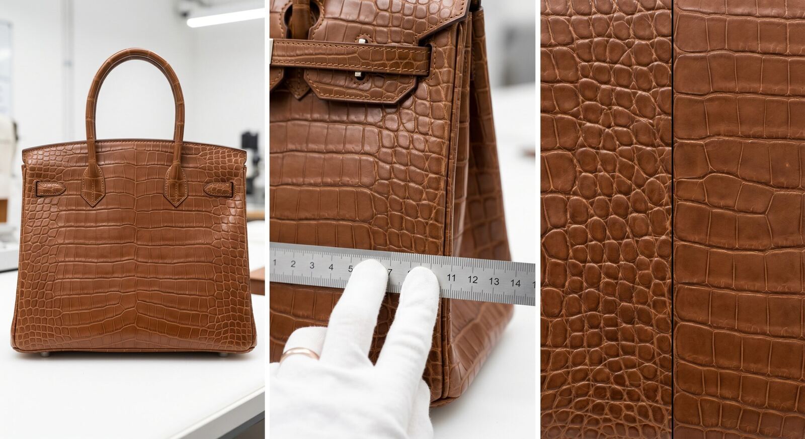 Hermès exotic skin scale matching three-check protocol belly symmetry seam density