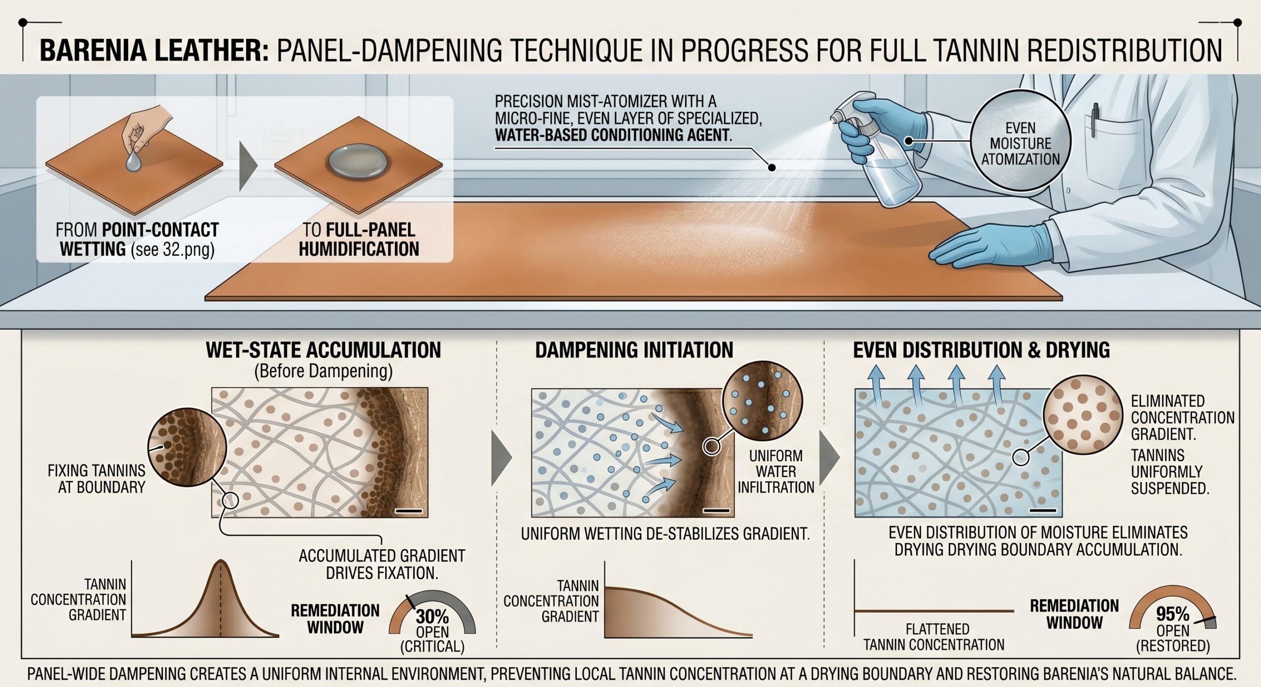 Barenia leather panel dampening remediation technique distilled water cloth