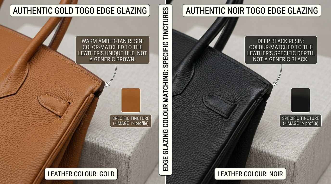 Hermès edge glazing colour match authentic Gold Togo Noir comparison detail