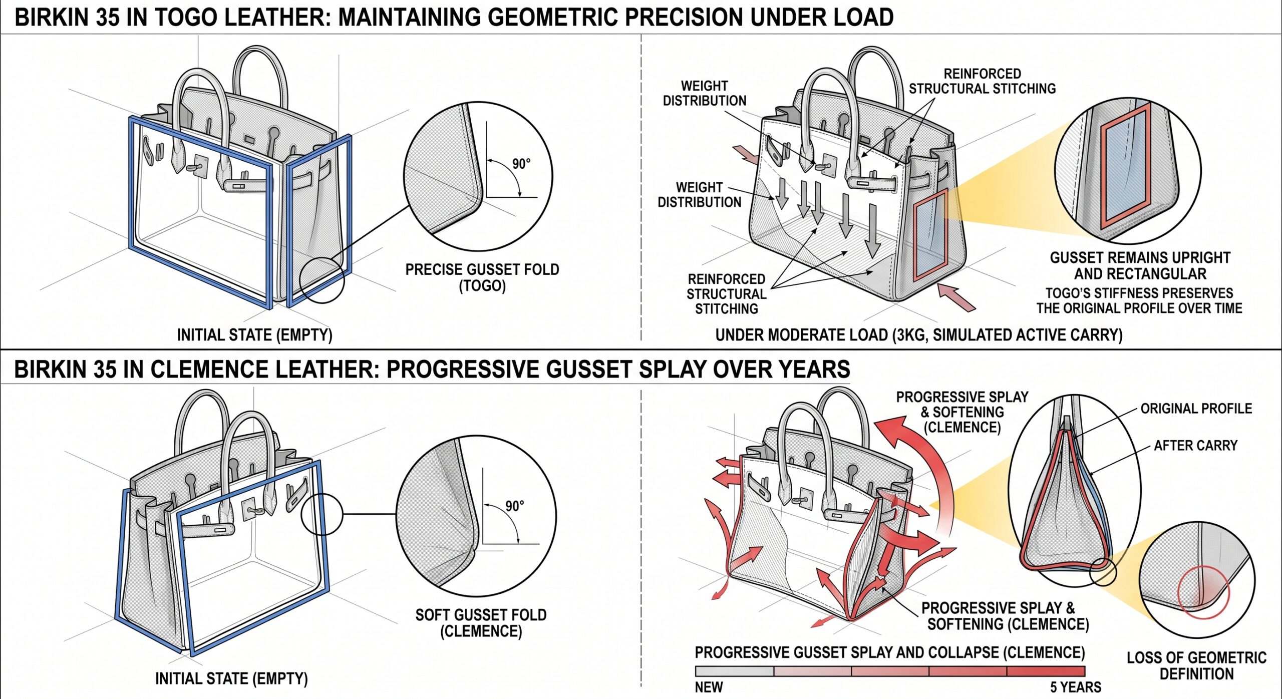Birkin leather temper shape retention Togo Epsom Clemence panel geometry