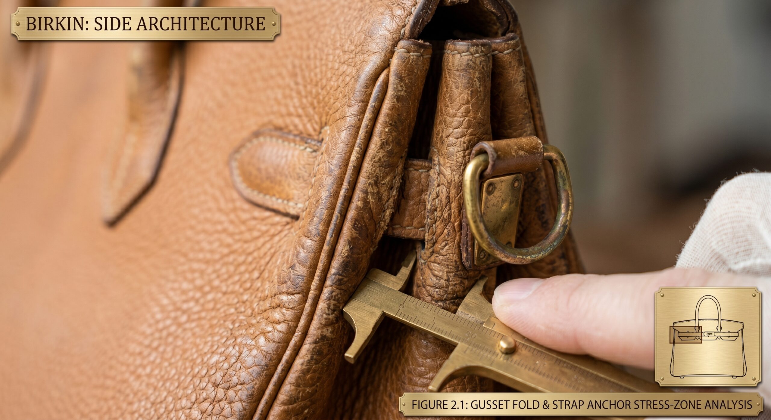 Hermes Birkin base panel gusset leather stress detail close-up
