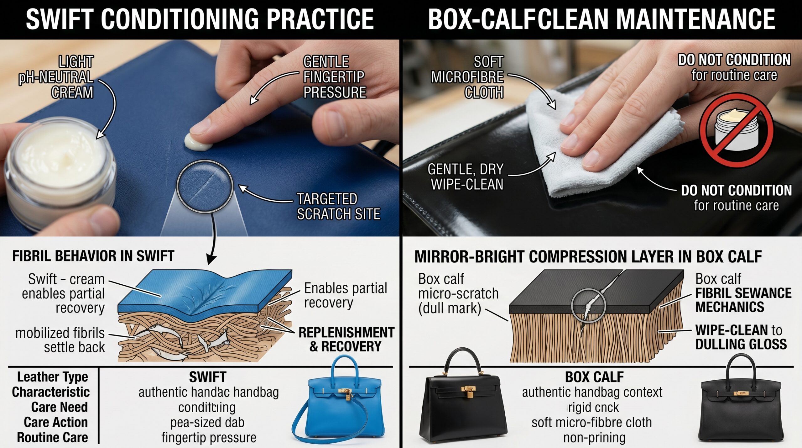 Hermes Swift Box Calf leather care conditioning protection detail