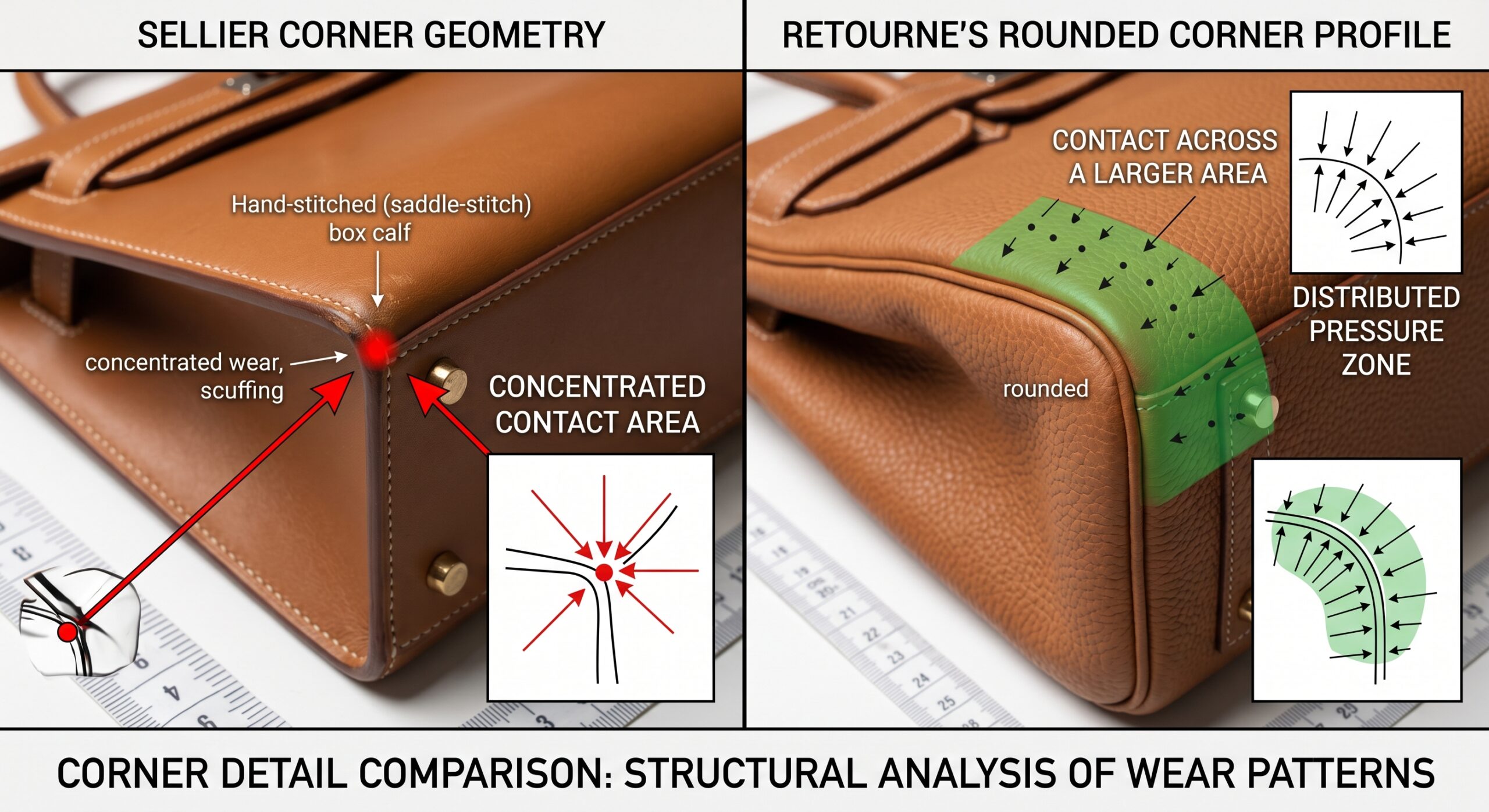 Kelly sellier retourne construction comparison corner wear patina aged detail