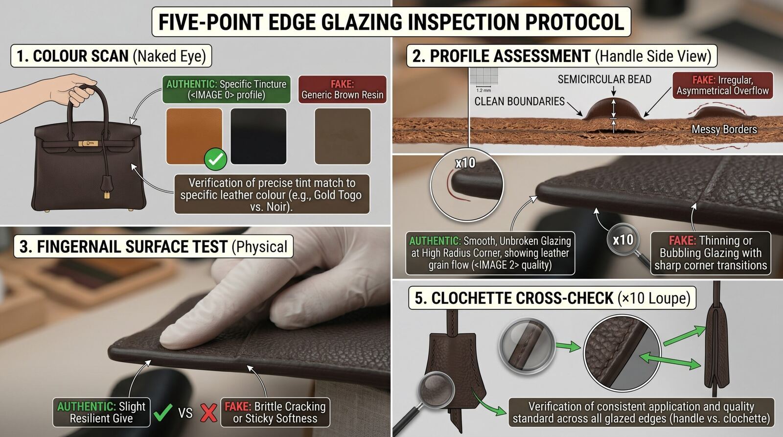 Hermès edge glazing inspection protocol five points handle corner clochette