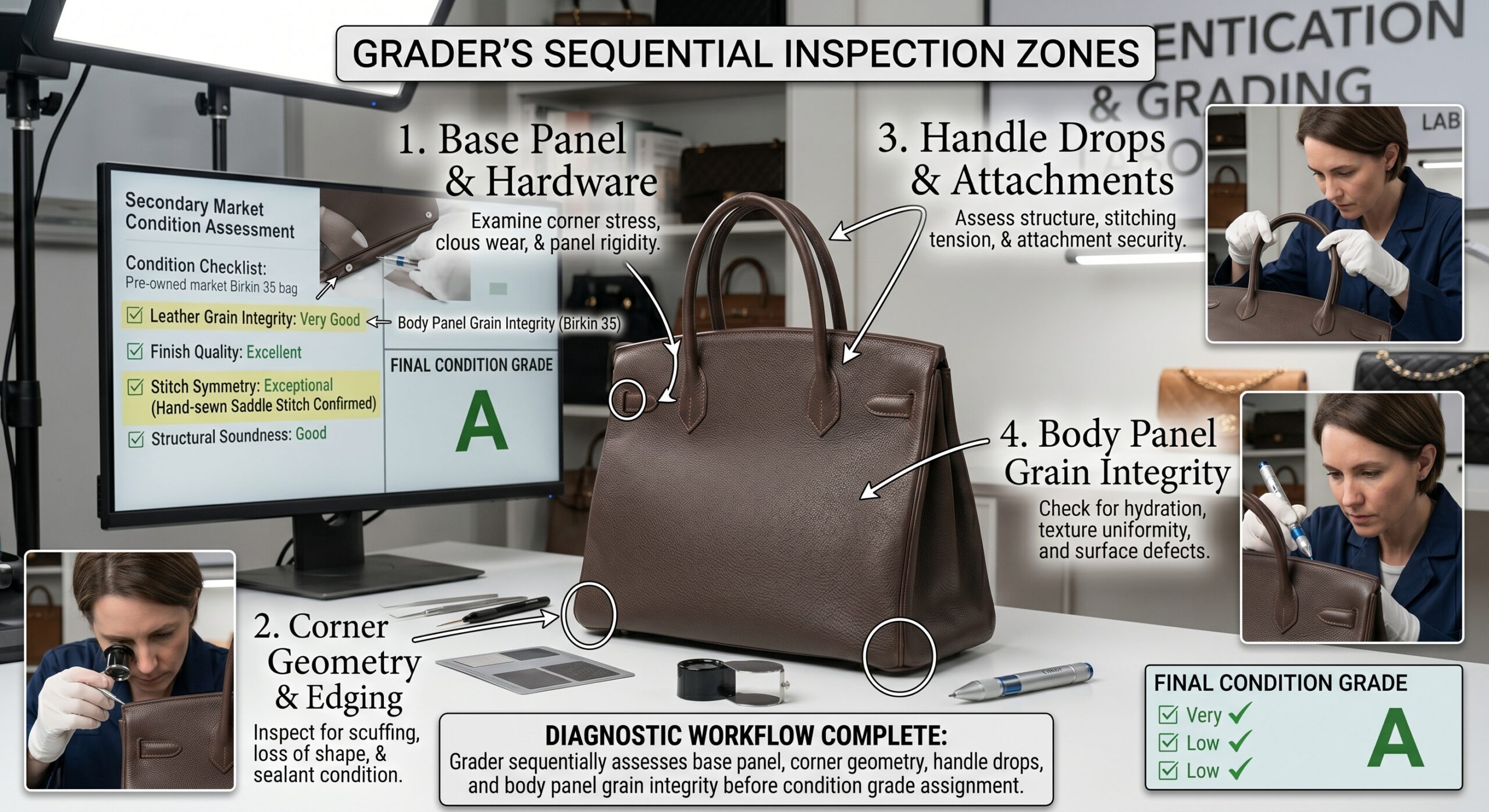 Hermes leather condition grading zones base panel corner handle assessment detail