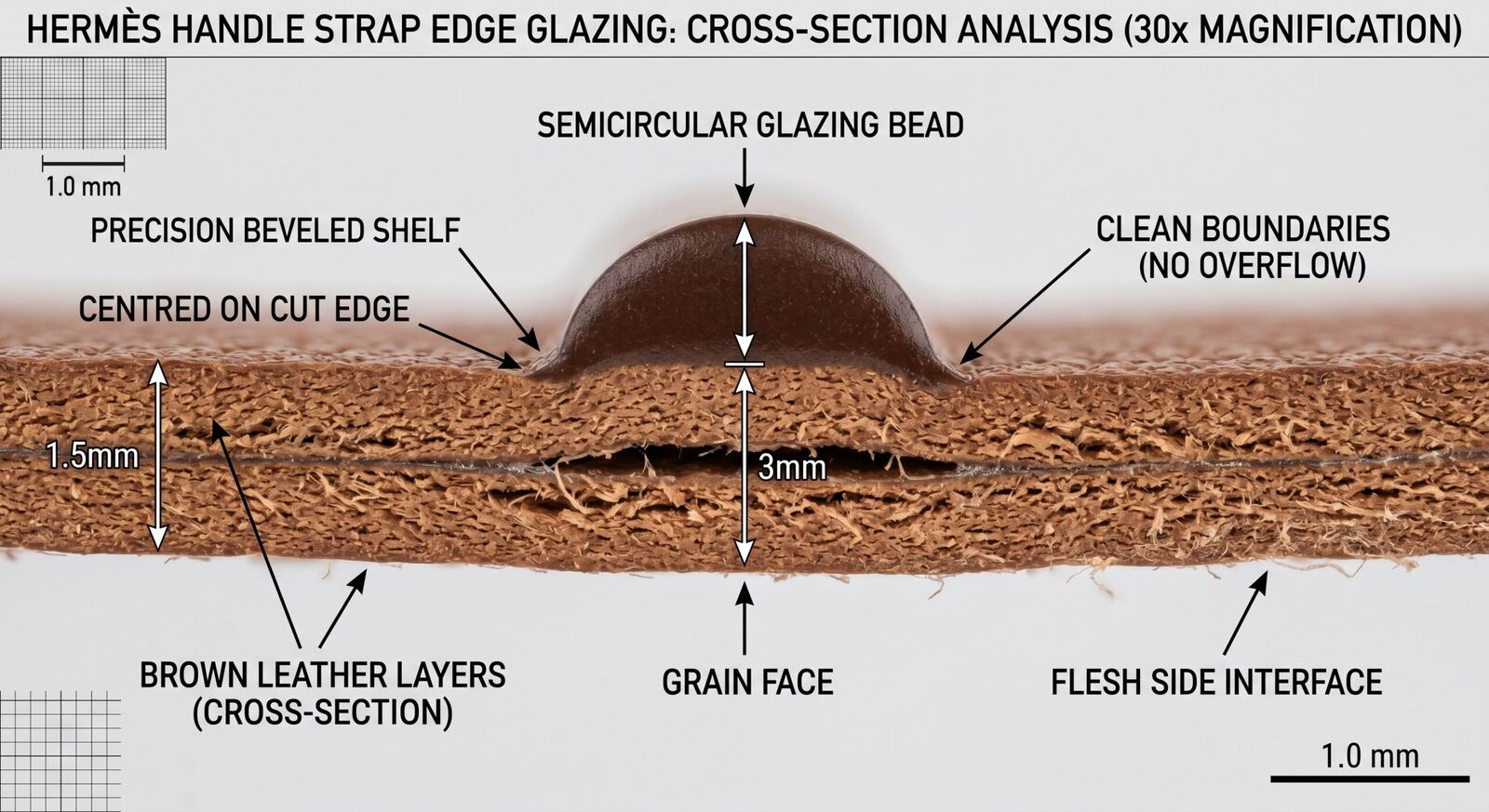 Hermès edge glazing bead profile cross-section semicircular authentic thickness handle