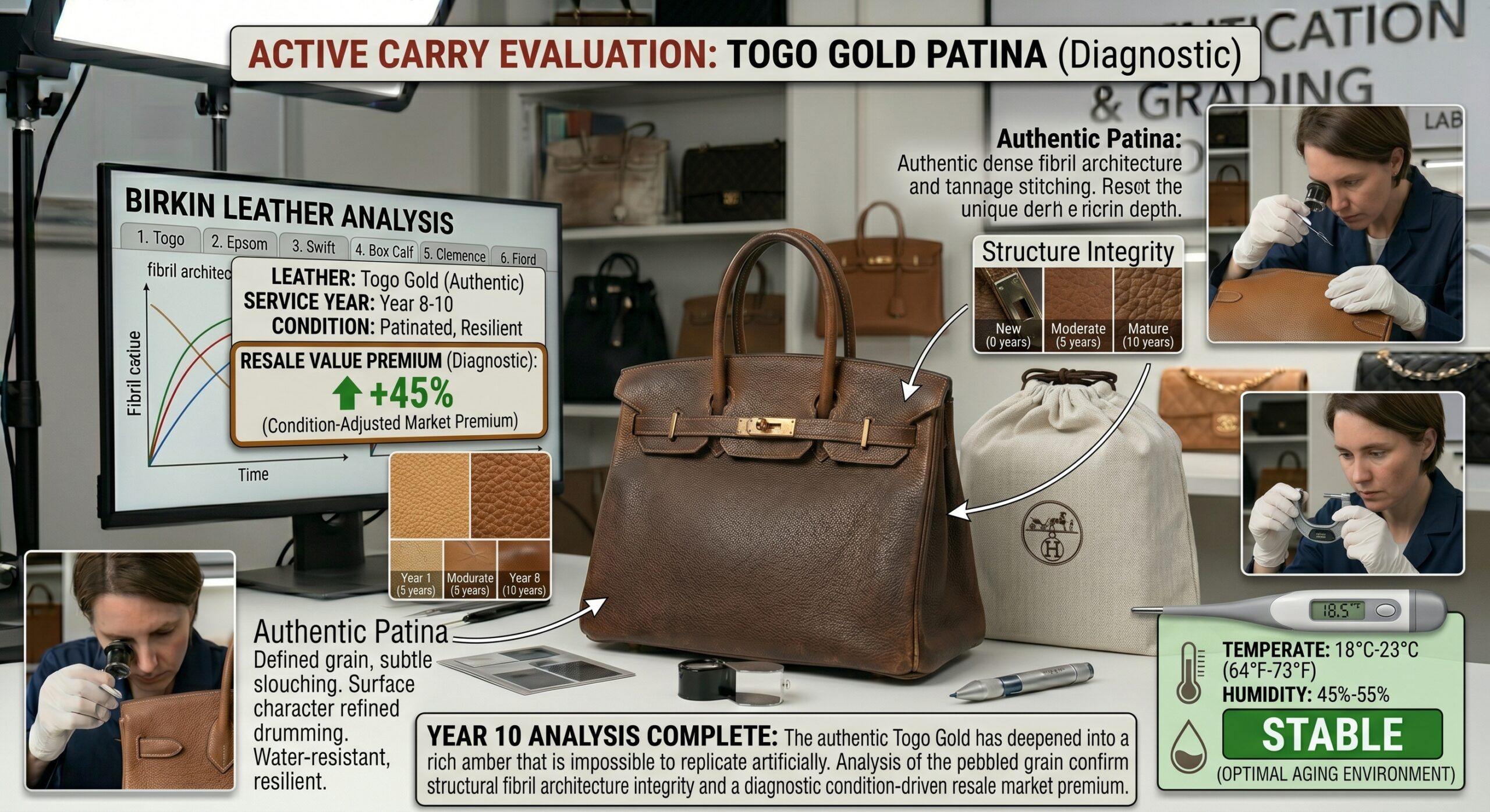 Togo Birkin 10 year patina aged leather surface detail close-up warm gold