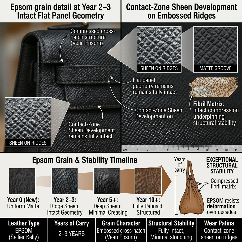 Epsom leather cross-hatch grain embossed surface detail close-up aged