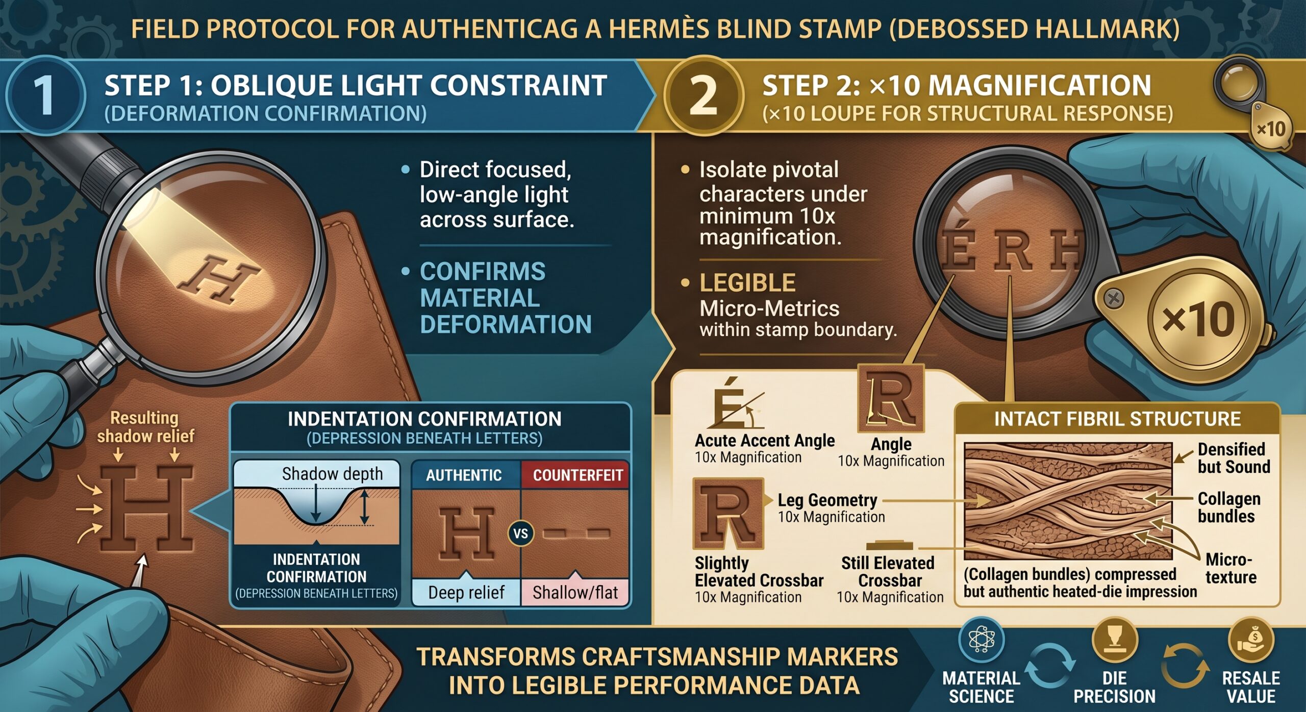 Hermes blind stamp authentication field inspection oblique light loupe protocol