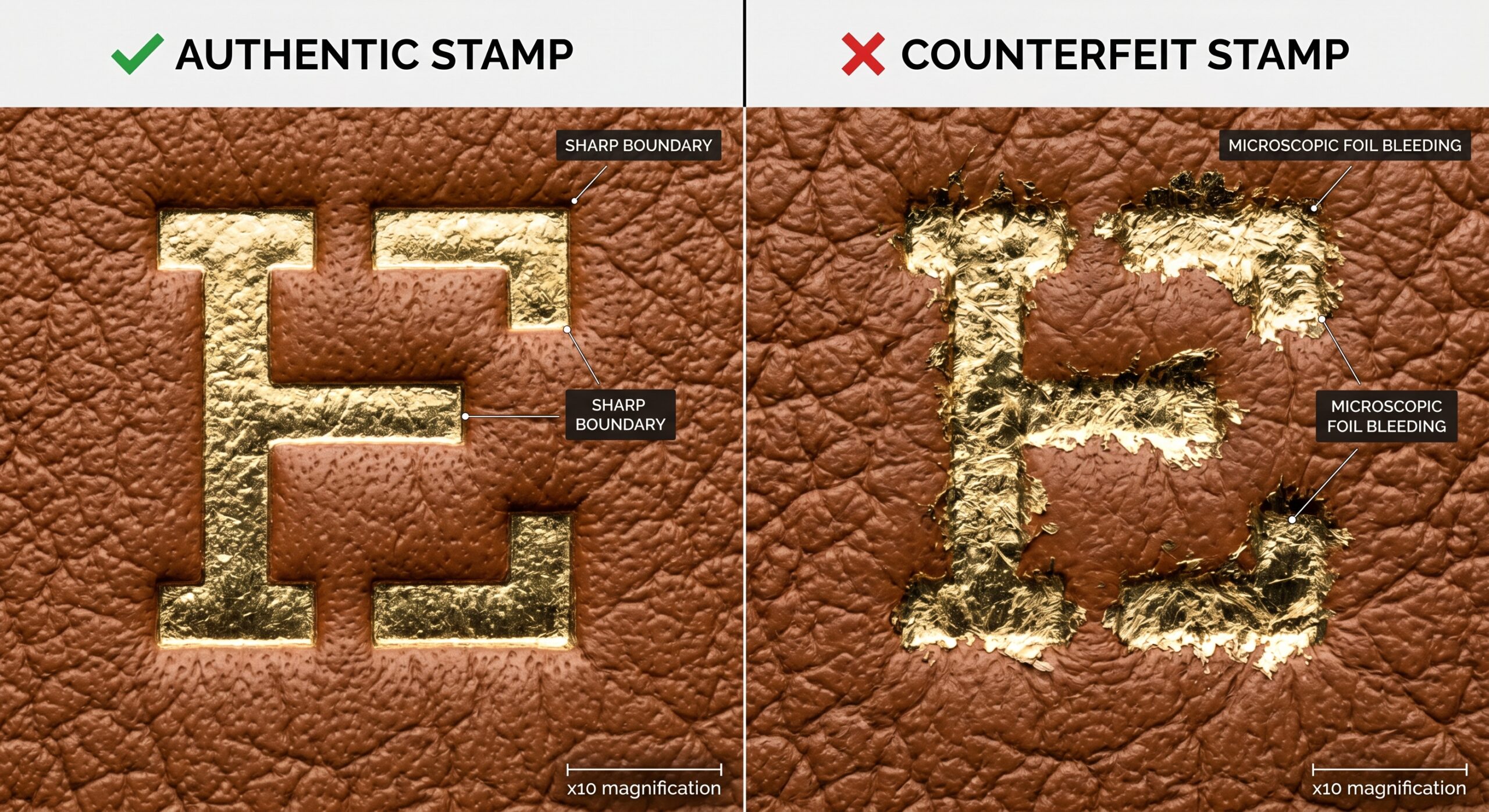 Hermes foil stamp adhesion edge quality authentic vs counterfeit magnification comparison
