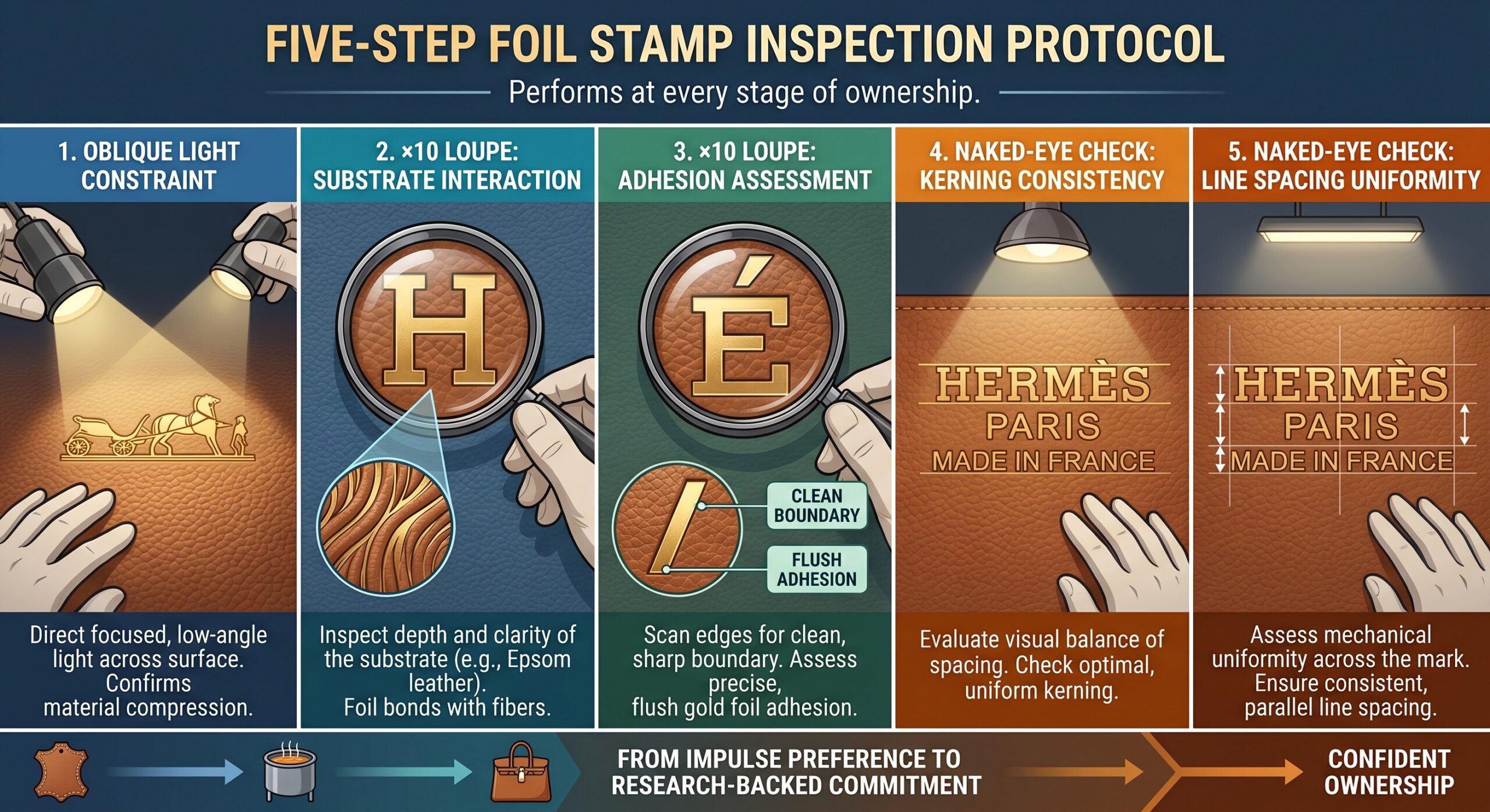 Hermes foil stamp authentication protocol loupe inspection oblique light steps