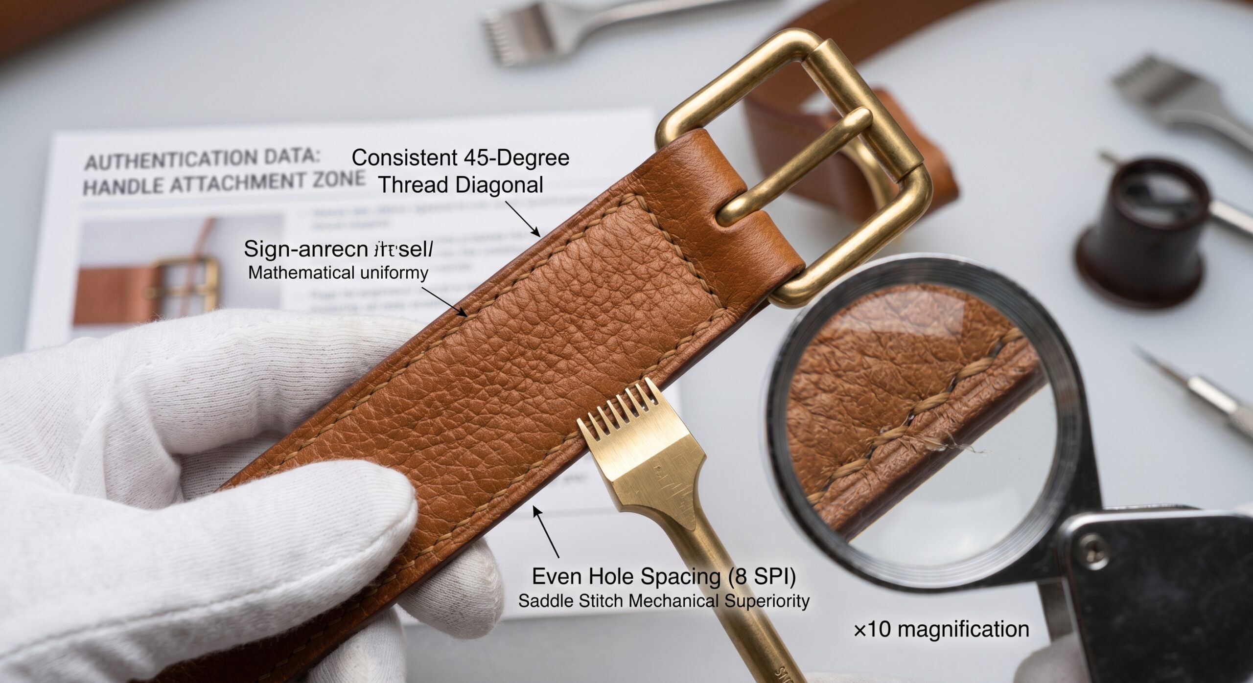 Hermes authentic saddle stitch angle vs machine stitching authentication close-up