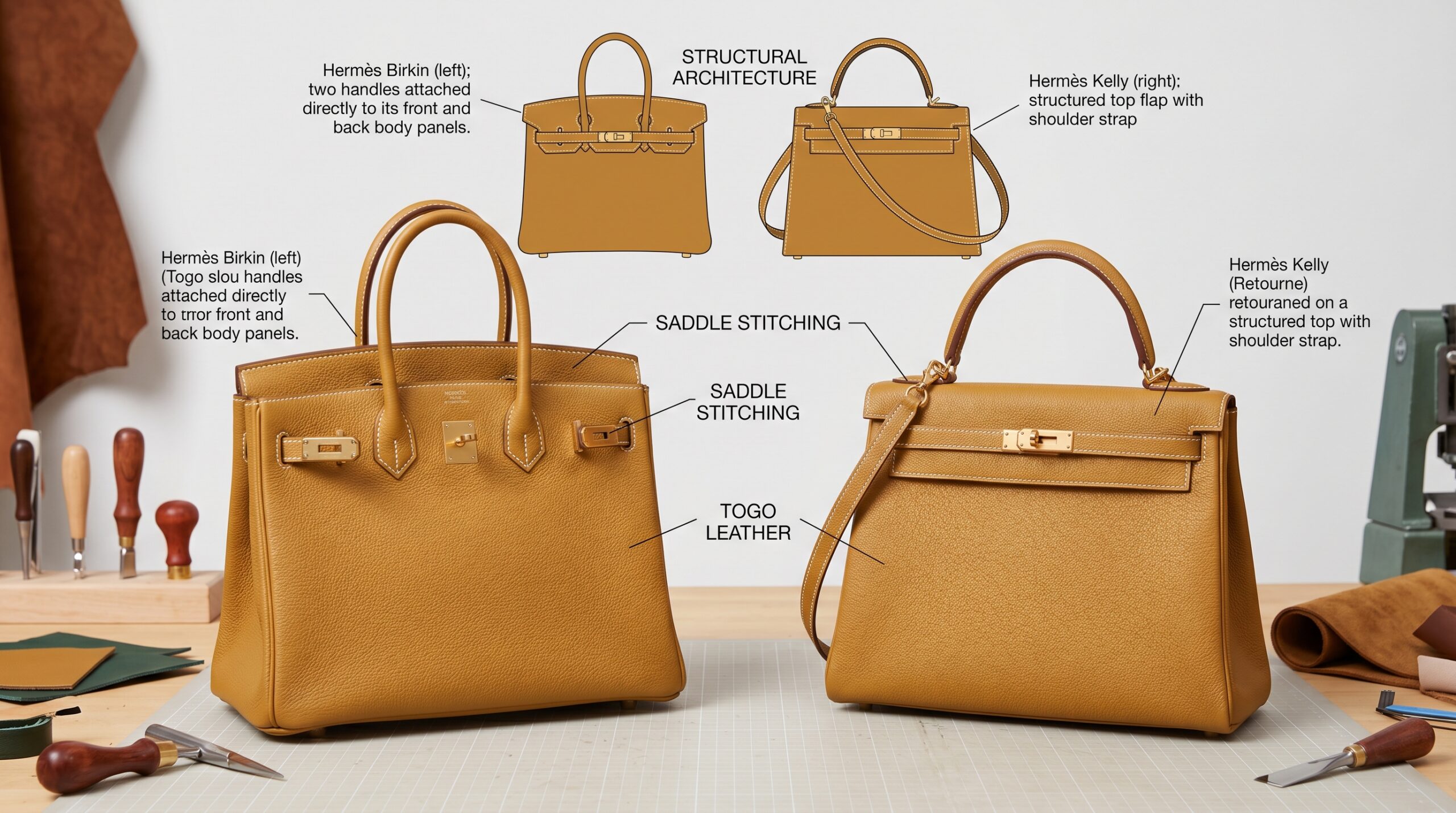Hermès Birkin vs Kelly construction leather comparison forensic expert