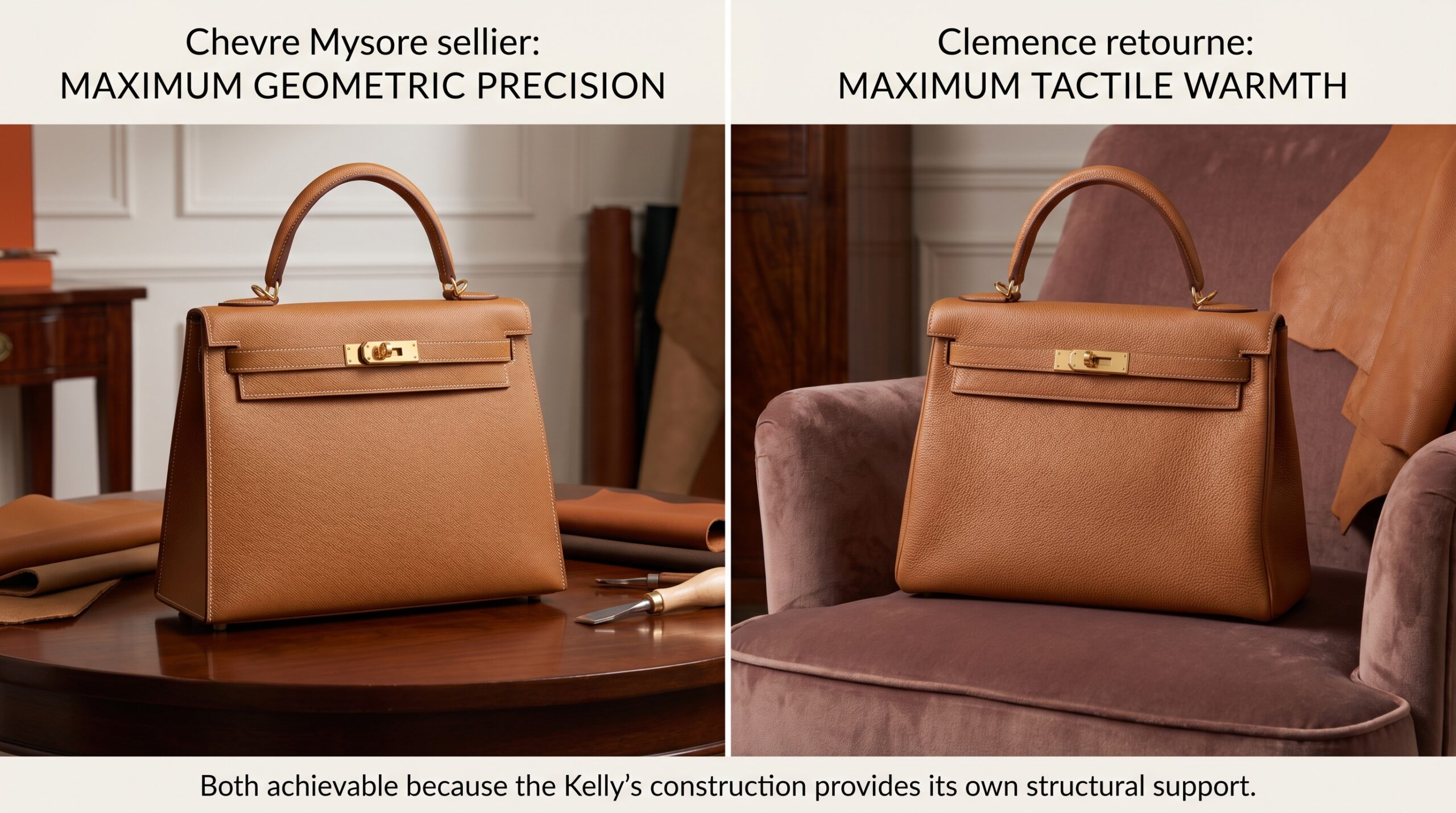 Kelly leather pairing sellier retourne Chevre Mysore Togo Clemence construction
