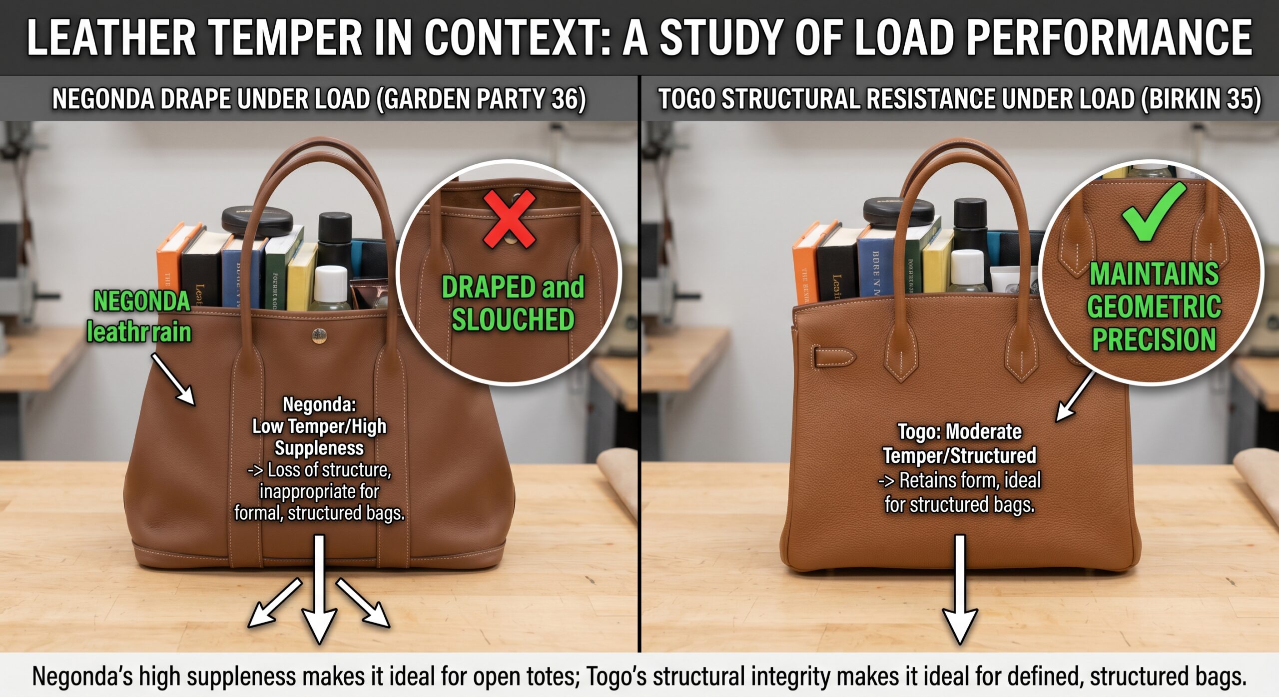 Negonda Garden Party tote drape supple temper vs Togo Birkin structured comparison