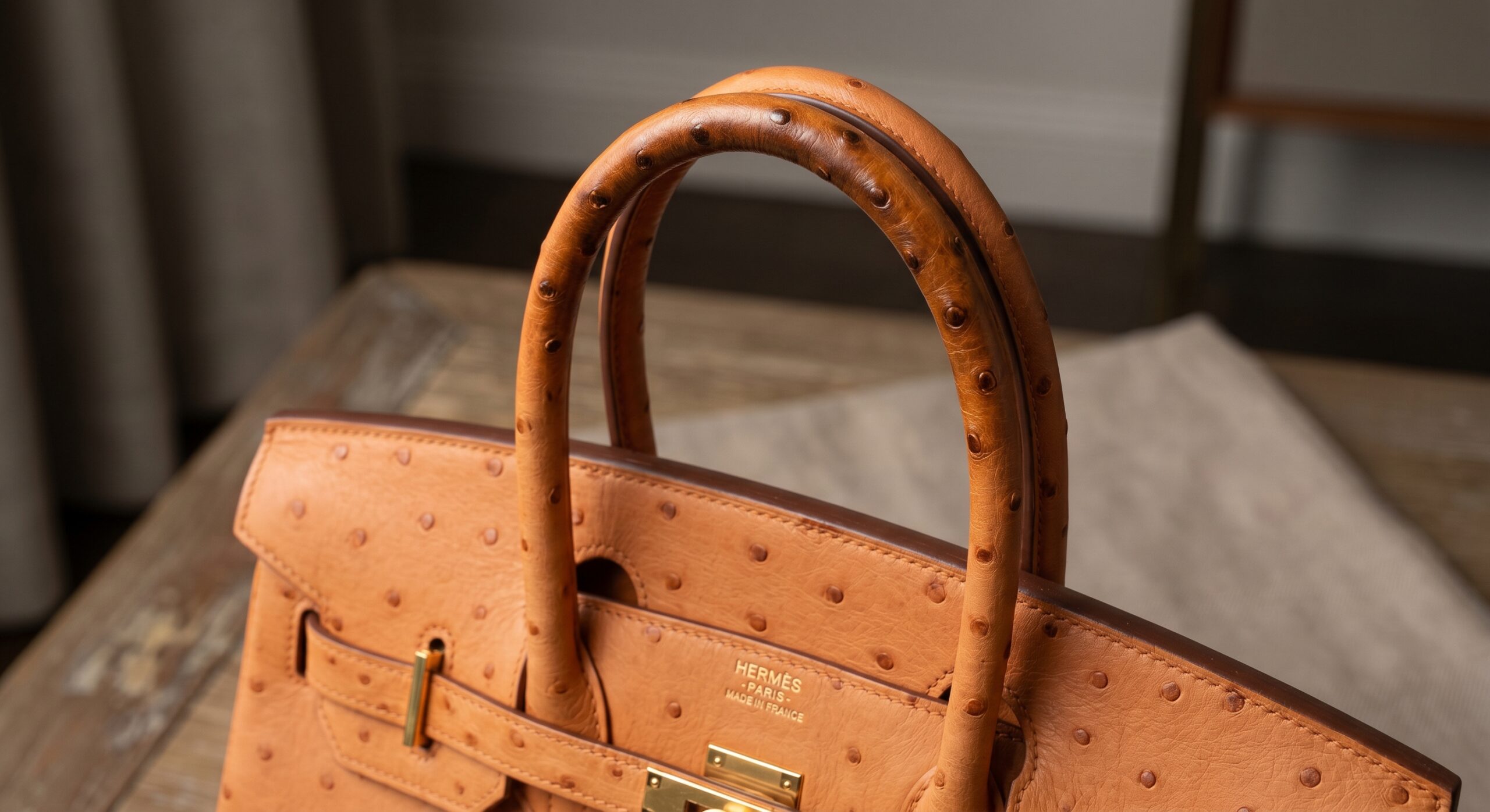 Hermès ostrich leather handle darkening follicle skin oil patina close-up