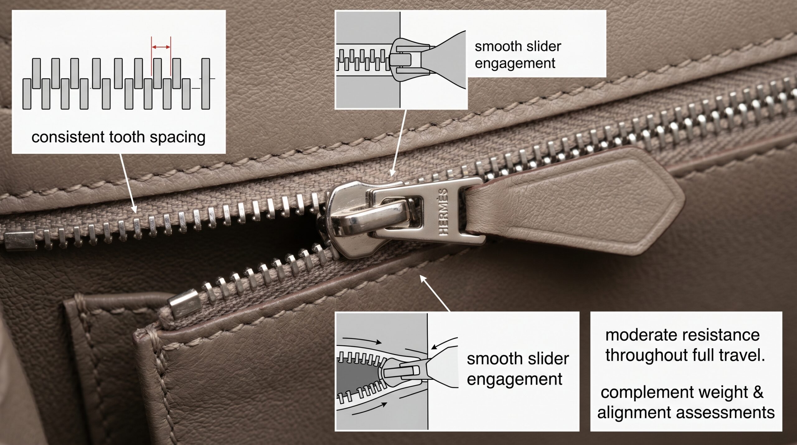 Hermes zipper track teeth slider movement quality authentication assessment