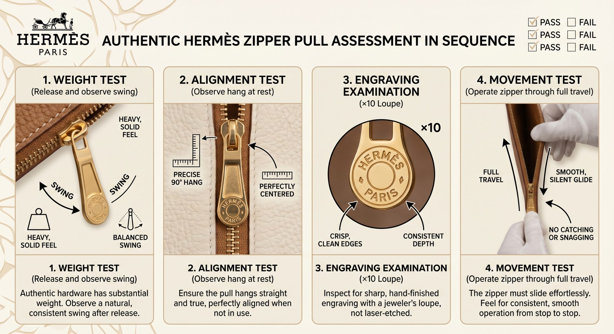 Hermes zipper pull authentication protocol weight alignment engraving movement test