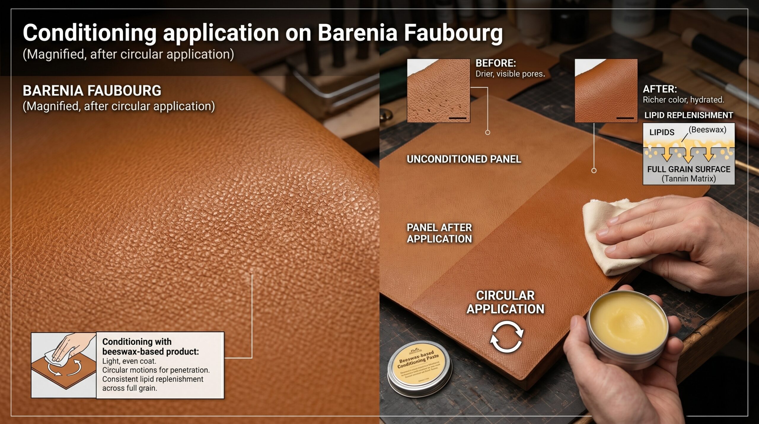 Barenia Faubourg leather conditioning care vegetable tanned beeswax application