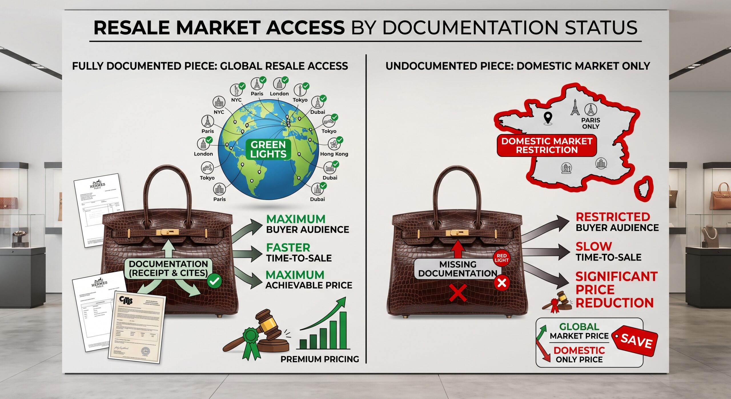 Hermès exotic skin resale market CITES documentation value liquidity international