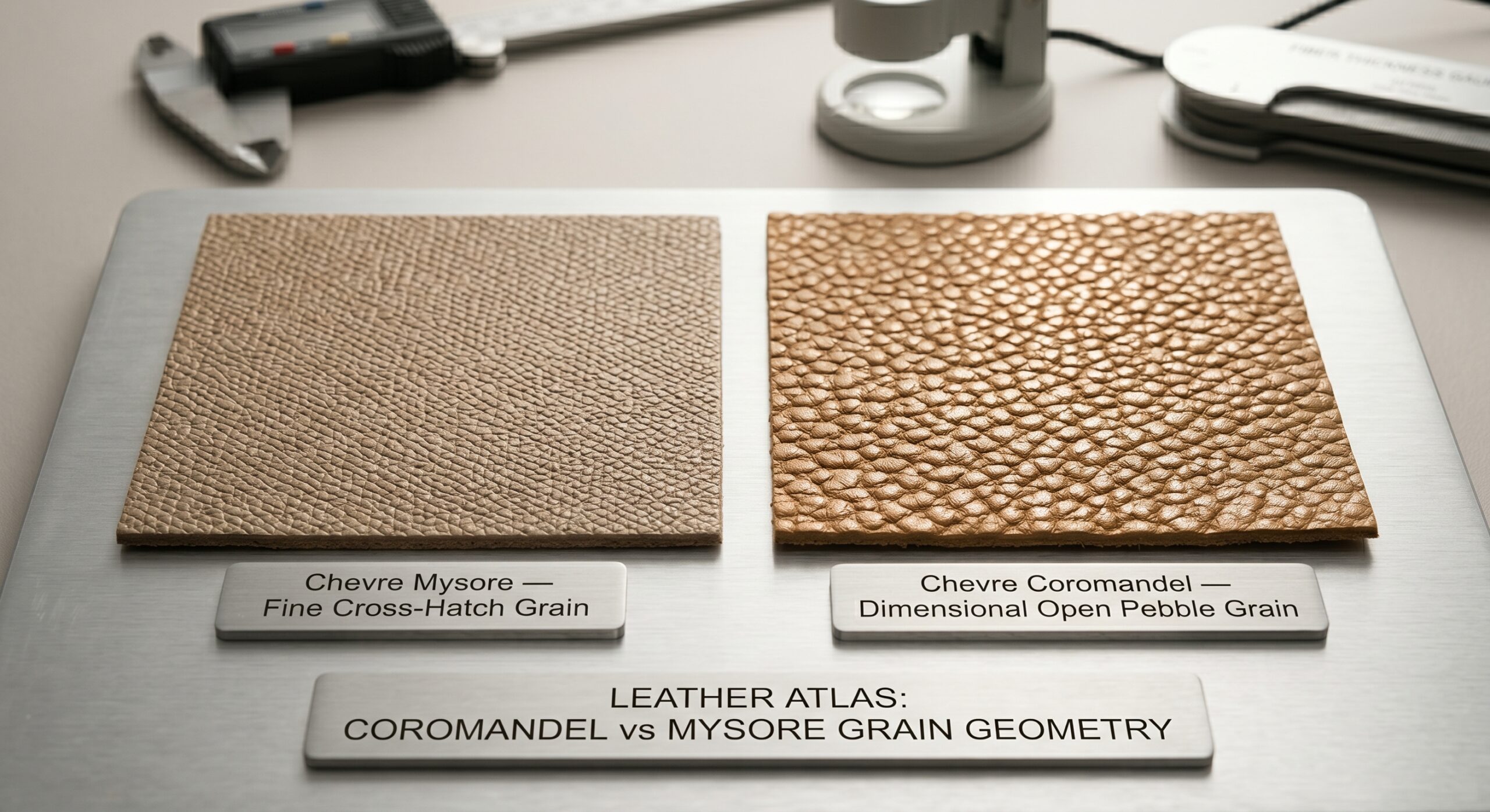 Coromandel leather grain open pebble surface supple temper character detail