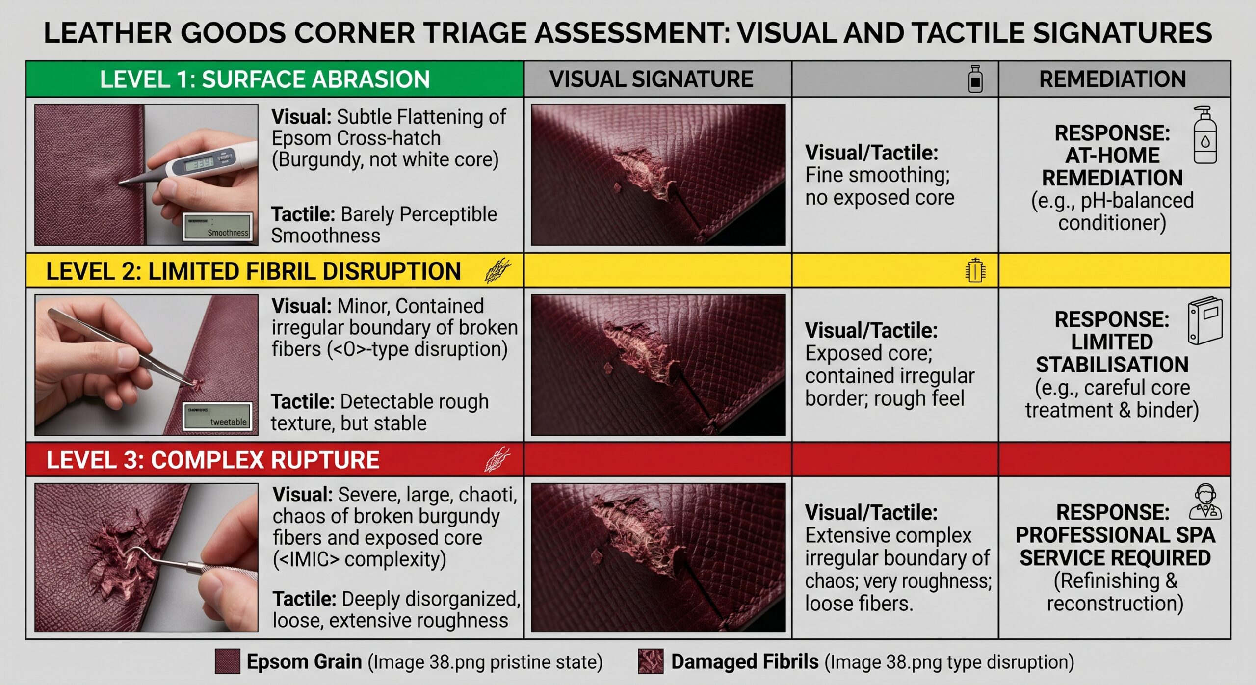 Epsom corner triage minor moderate severe chip assessment detail close-up