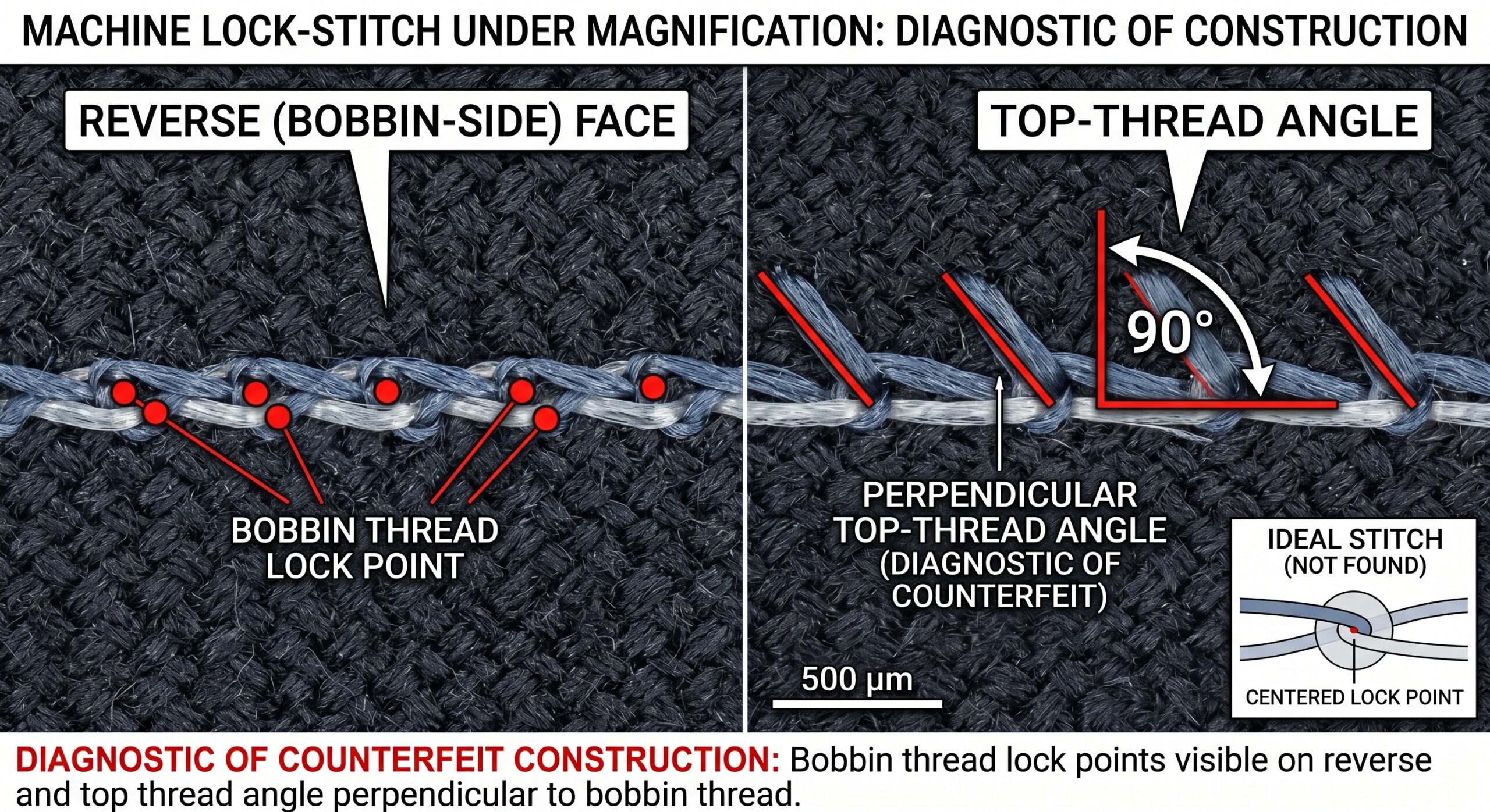 Machine stitching counterfeit lock stitch bobbin thread magnification authentication failure
