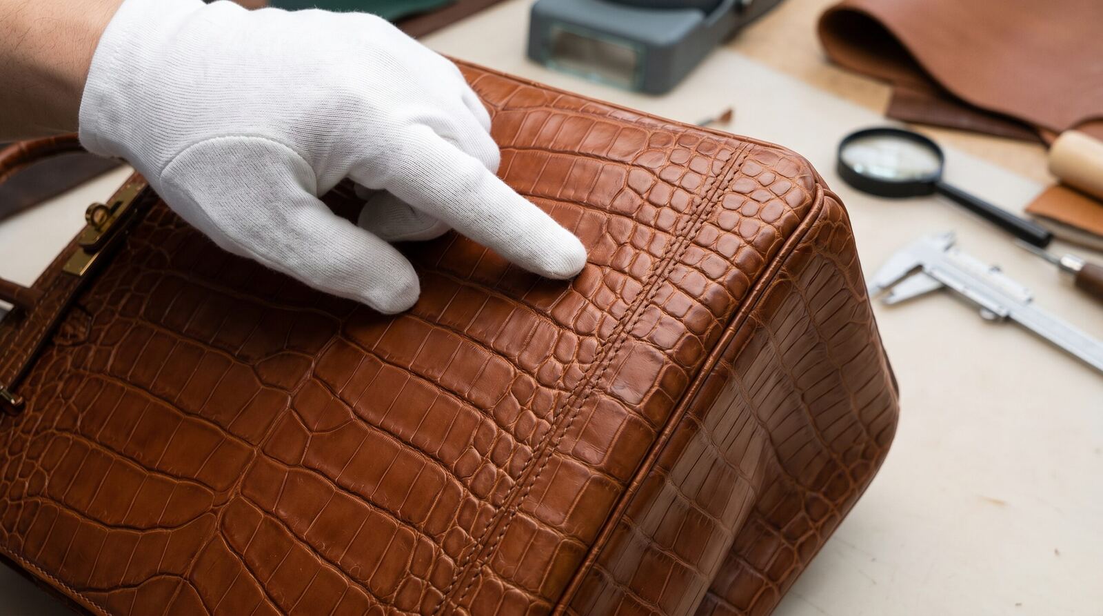 Hermès alligator crocodile seam continuity scale row check authentication detail