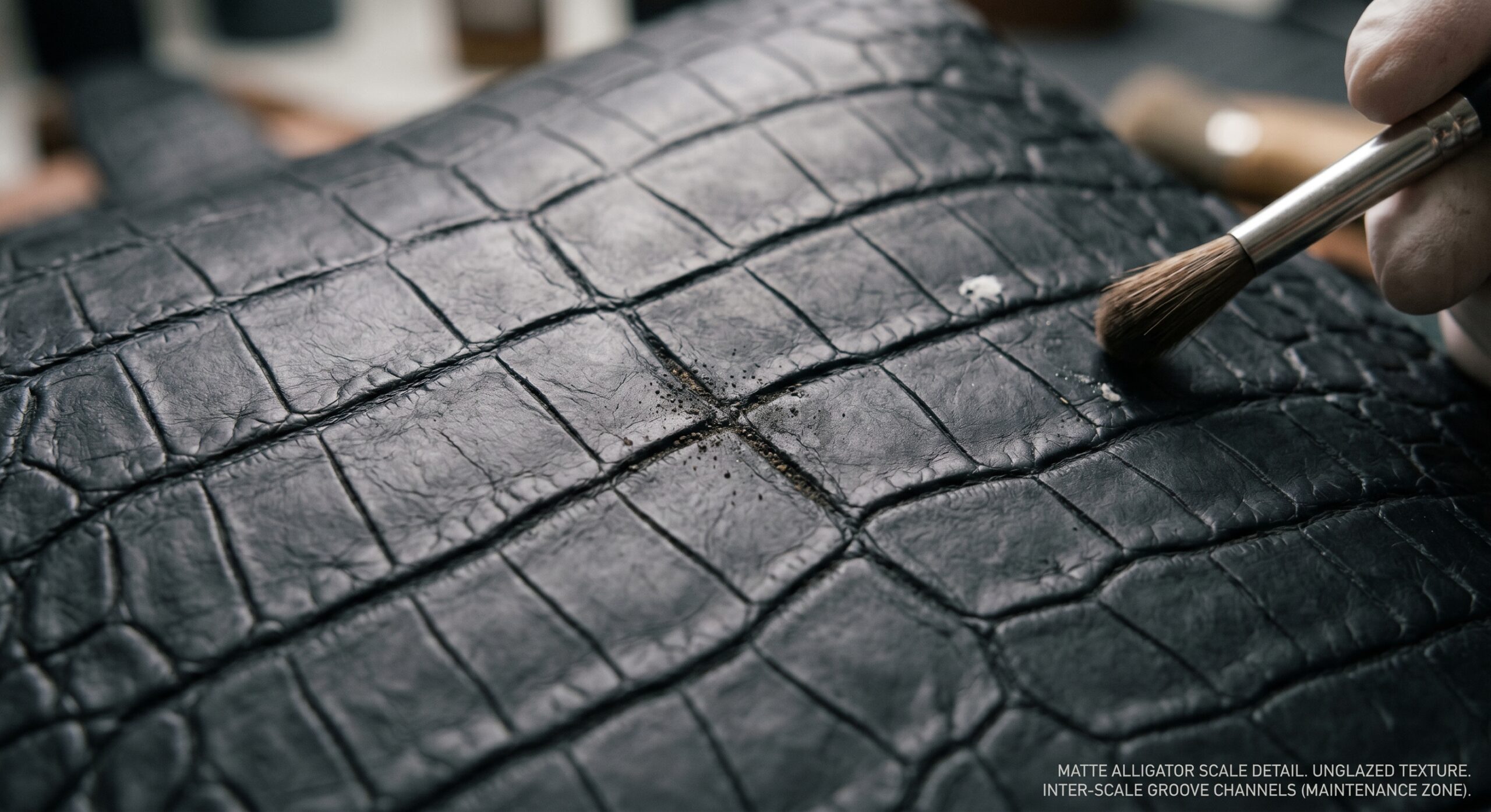 Matte alligator natural scale surface inter-scale groove maintenance detail