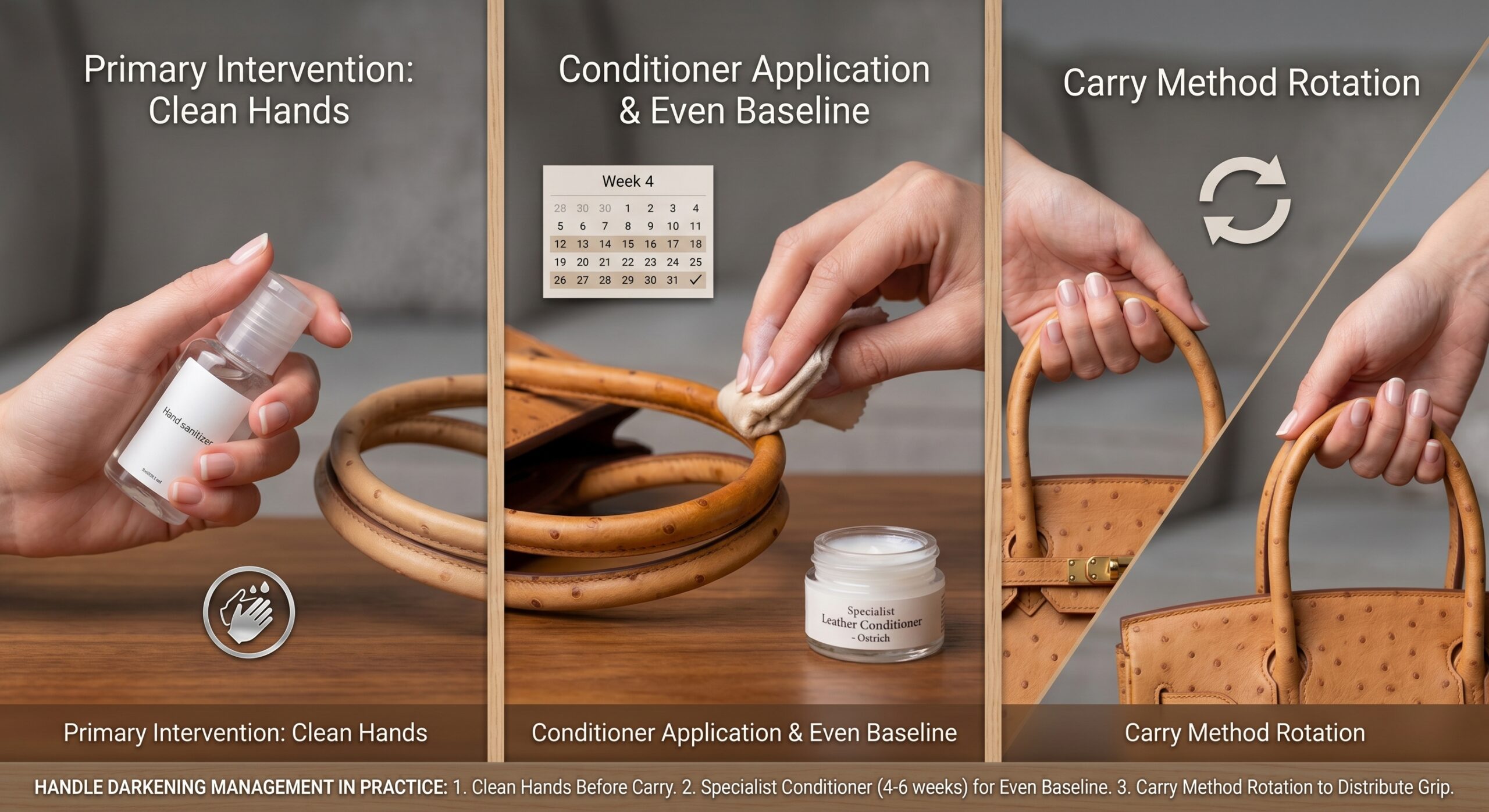 Ostrich handle darkening prevention conditioning clean hands carry method intervention