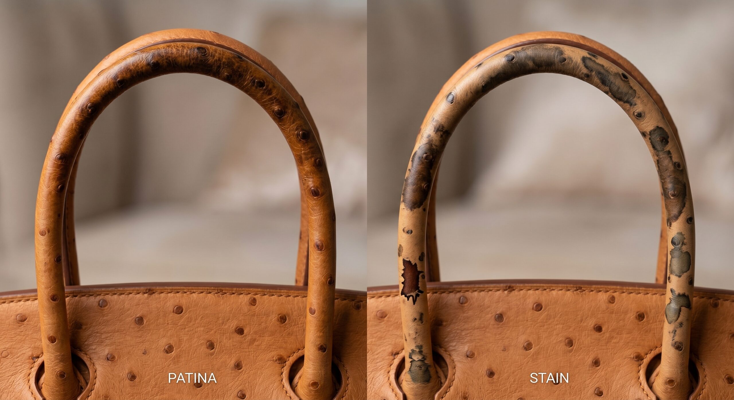 Ostrich handle darkening patina vs staining comparison even vs blotchy