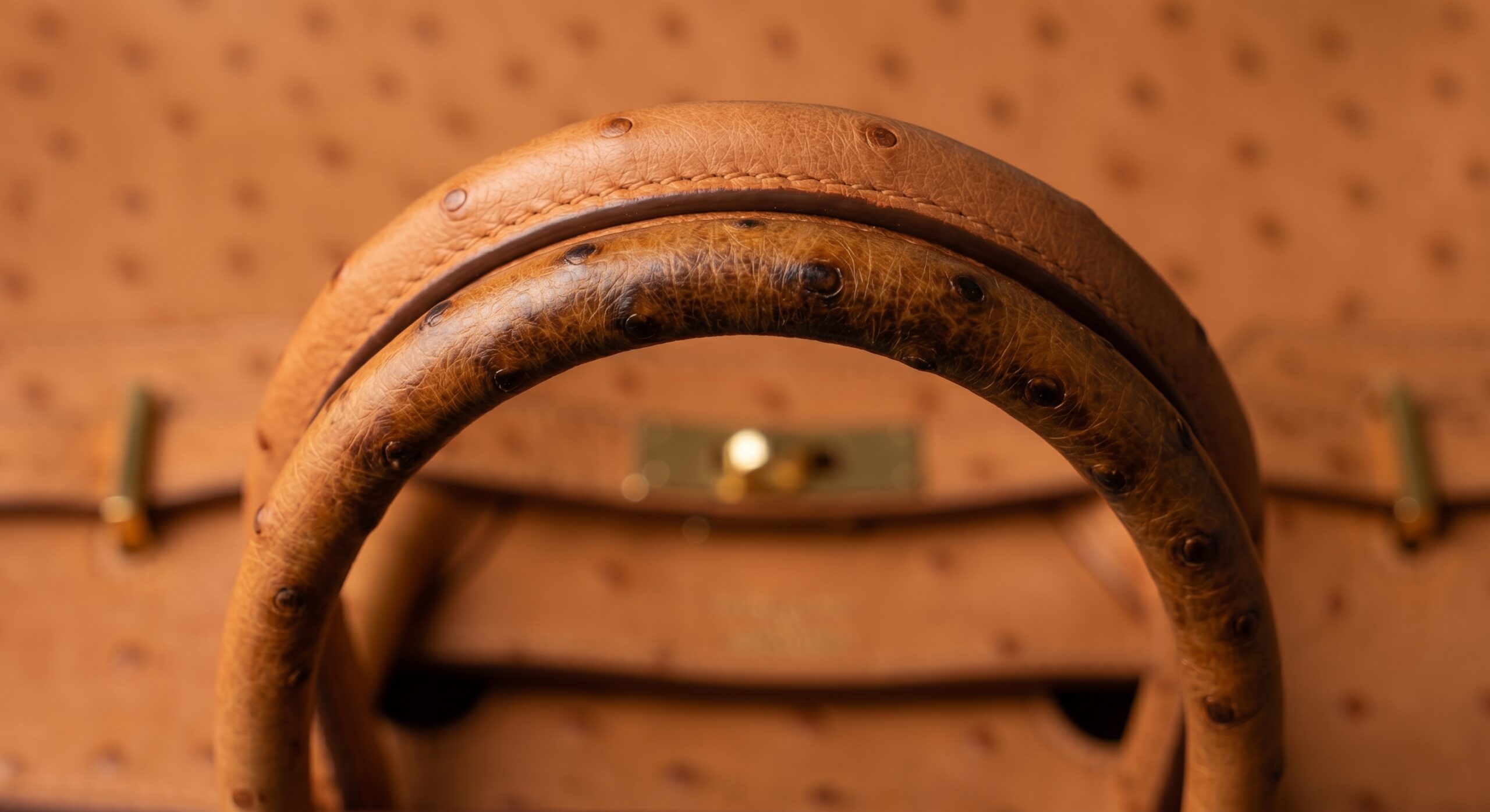 Ostrich leather handle grip zone darkening follicle pattern mechanism detail