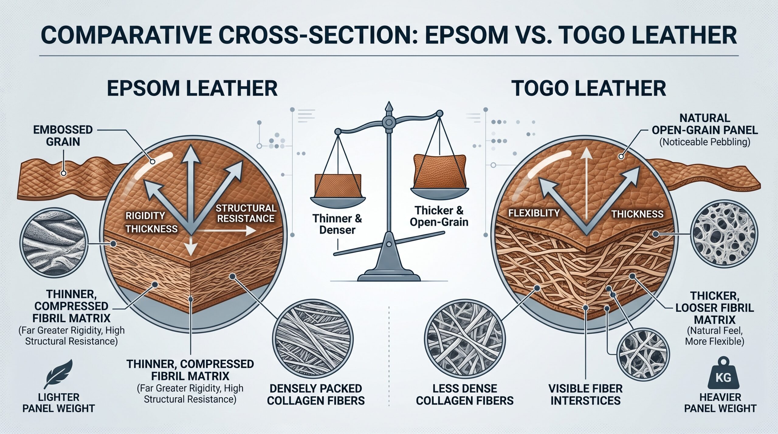 Epsom leather compressed fibril panel thickness weight comparison Togo cross-section