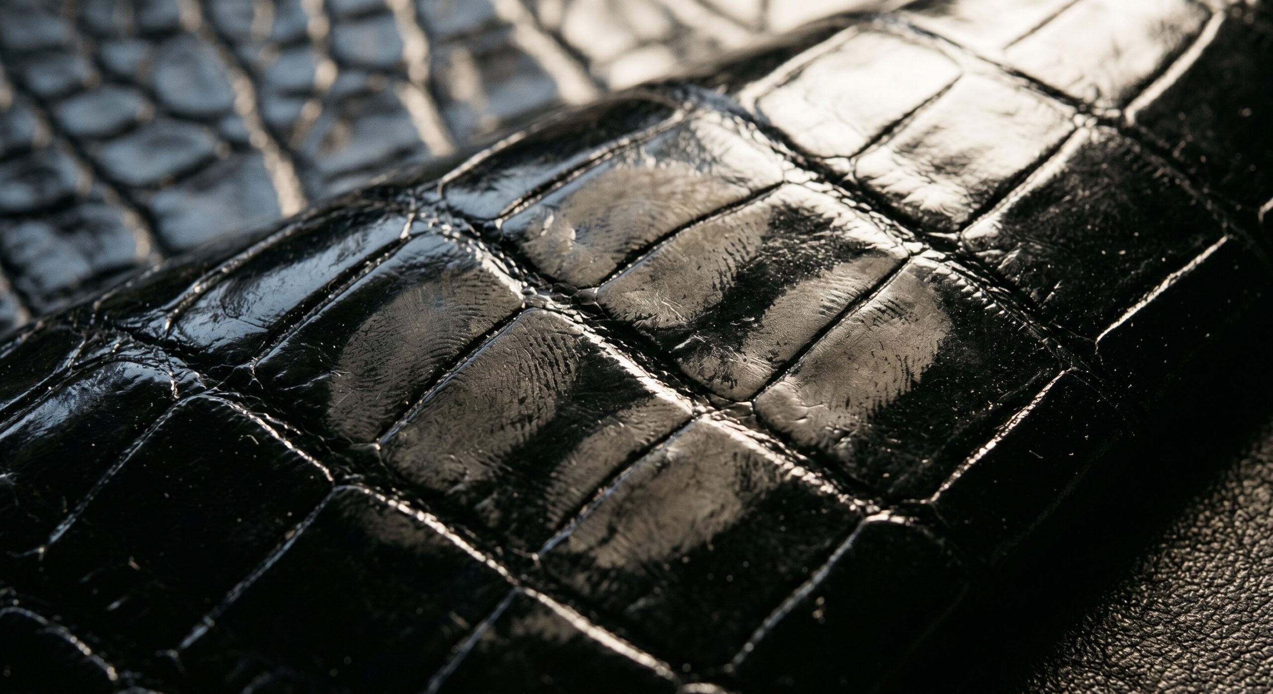 Shiny alligator glazed scale surface fingerprint oil handling maintenance detail
