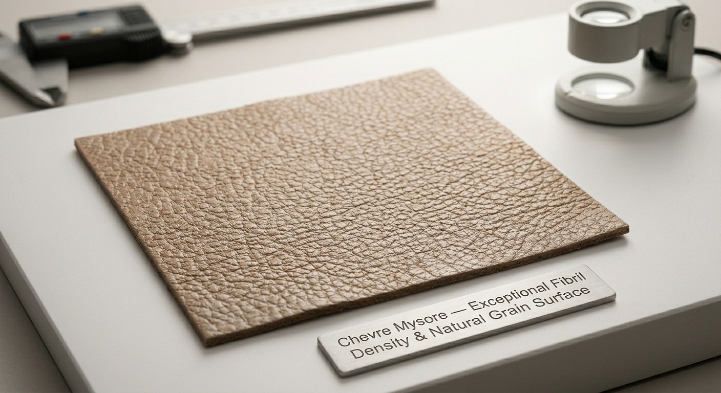 Chevre Mysore leather grain close-up tight cross-hatch fibril density detail
